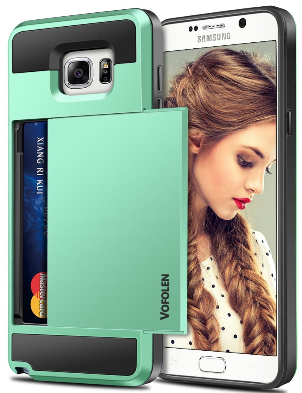Vofolen Case for Galaxy Note 5 Case Wallet Card Holder ID Slot Dual Layer Protective Cover Anti-Scratch Hard Shell Shock Absorbing TPU Soft Tough Bumper Armor Case for Samsung Galaxy Note 5 (Mint)