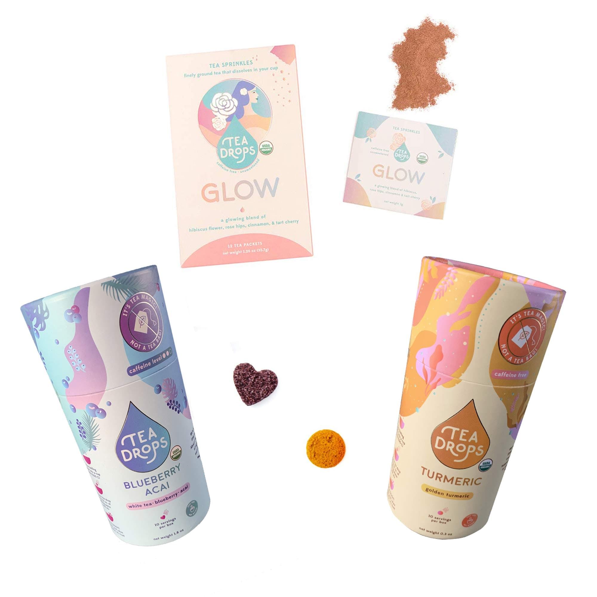 Tea Drops Get Glowing Radiant Tea Bundle | 12 Unsweetened Glow Tea Sprinkles Packets, 10 Turmeric Loose Leaf Tea Drops, 10 Blueberry Acai White Tea Drops | Delicious as Hot or Iced Tea | 32 Servings