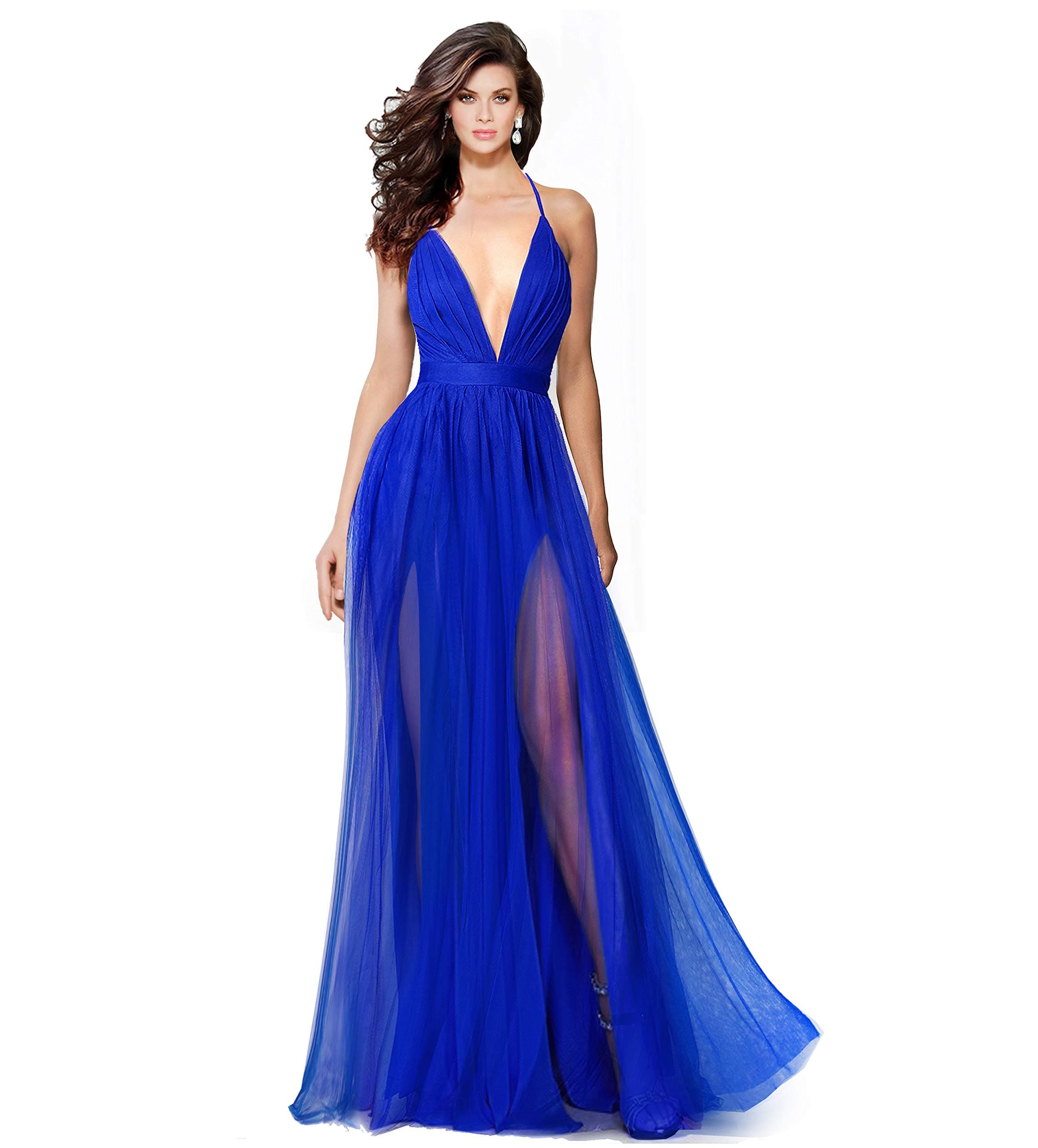 Alluring deep v-Neckline Spaghetti Straps Criss-Cross Open Back Tulle Dual Front Slits Evening Prom Formal Dress
