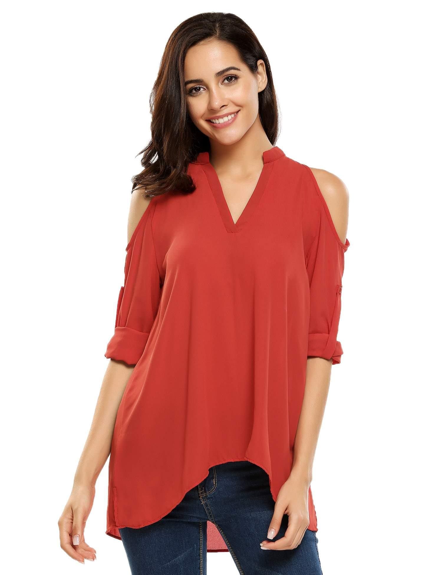 etuoji Women V-Neck Cold Shoulder Long Sleeve Solid Chiffon Blouse