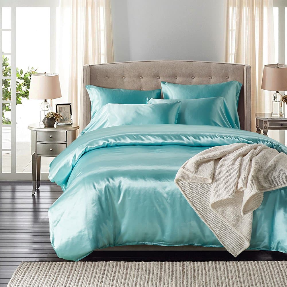 Luxury Satin Silky Smooth 4pcs Bedding Set Include 1 Duvet Cover 1 Fitted Sheet 2 Pillowcases Double Size Cyan