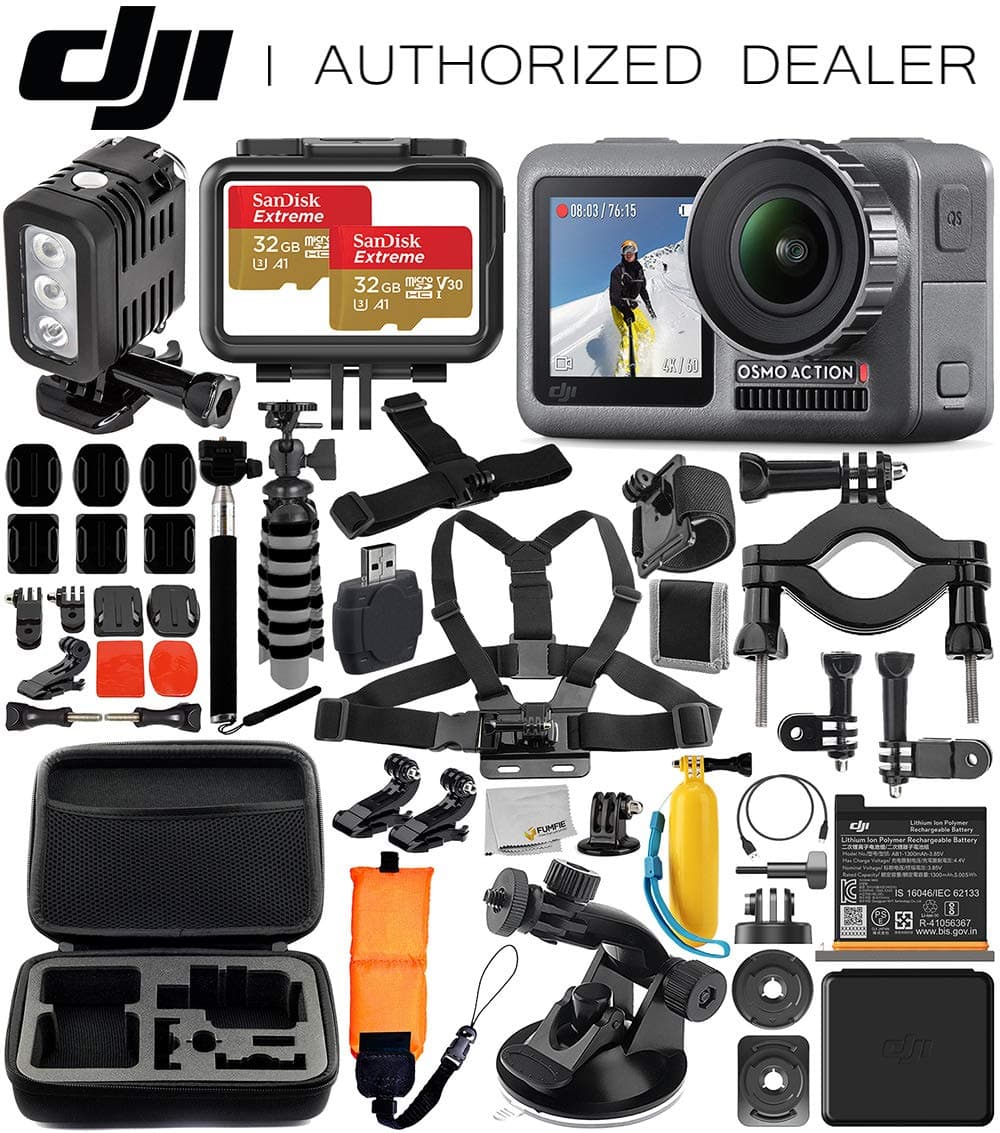 DJI Osmo Action 4K Camera with Underwater LED Light & Deluxe Accessory Bundle – Includes: 2X SanDisk Extreme 32GB microSDHC Memory Card, Carrying Case, Selfie Stick, Flexible Tripod & More