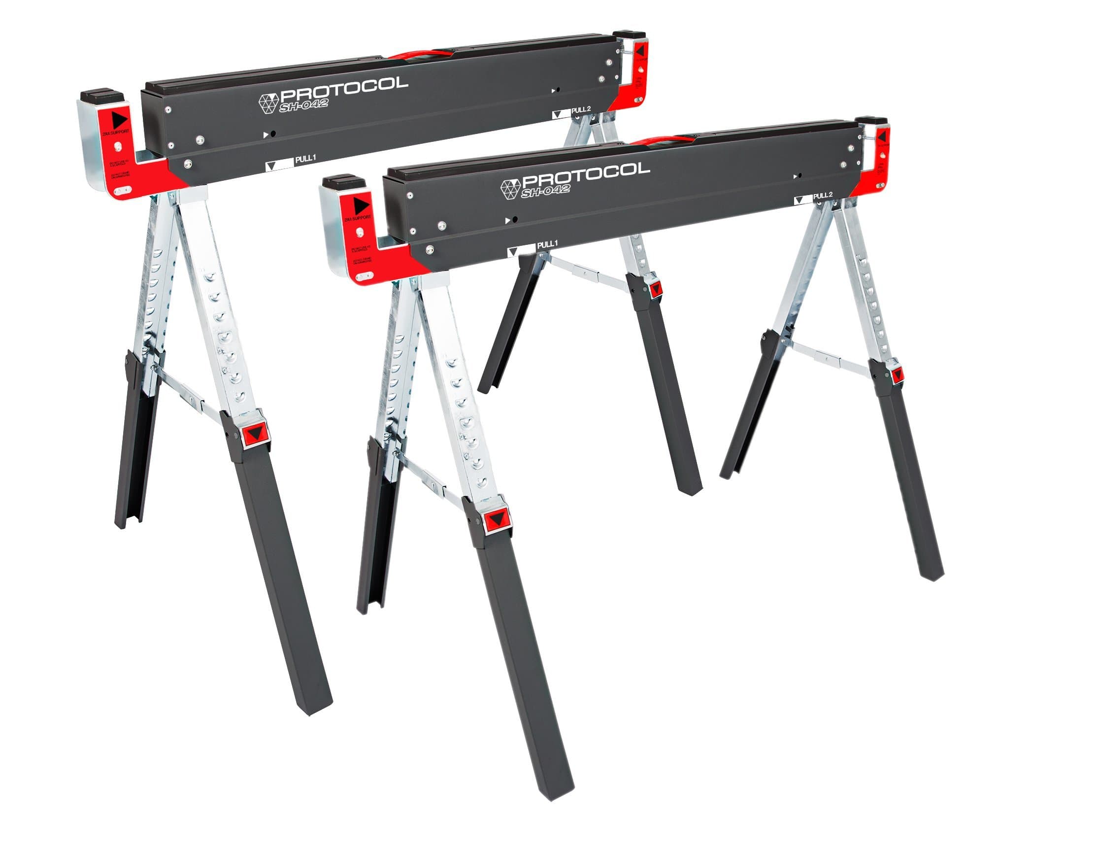 PROTOCOL Equipment Adjustable Height Work Table Folding Sawhorses, Set of Two, Durable Steel Construction, Folding Legs, 2x4 Table Support Arms, 2,600 lb. Combined Loading Capacity