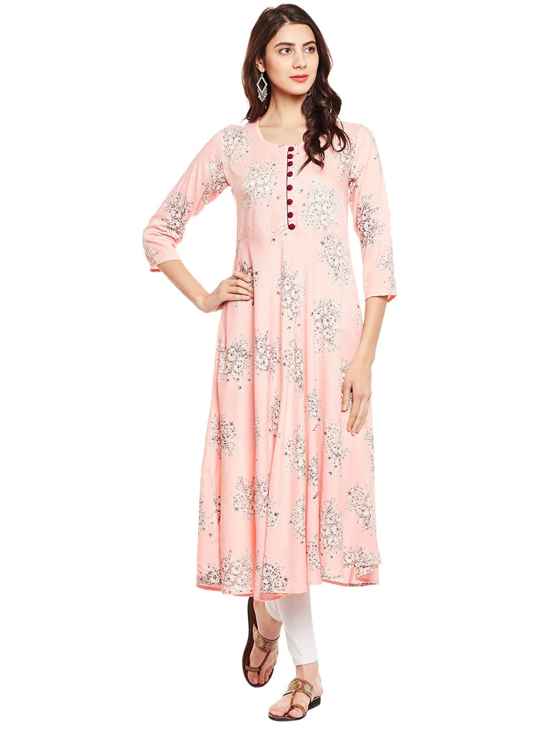 Tissu Rayon Floral Printed Flared Kurta with Front Buttons