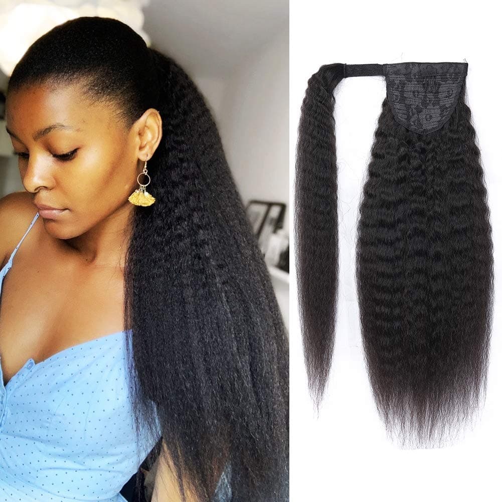 Strap Wrap Around Yaki Ponytail Human Hair Extensions, 100% Unprocessed Brazilian Virgin Hair Ponytails, Magic Paste with Comb Clip in Long Kinky Straight Pony Tail