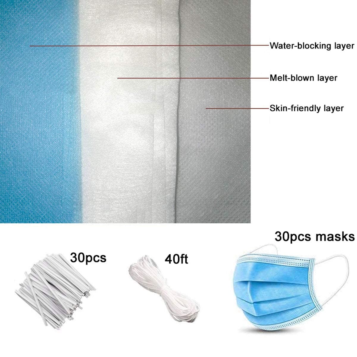 Electrostatic melt-Blown Fabric, 3 Layers of Fabric can be DIY Finished Product 30pcs, with Nose Bridge Strip and Ear Band, Polypropylene Non-Woven Fabric 95% Filter fine Particles