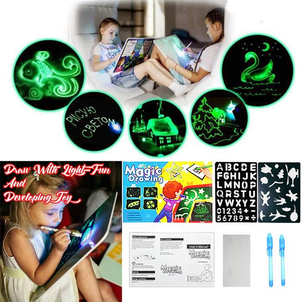 Rtwrtne Draw With Light Fun And Developing Toy Drawing Board Magic Draw Educational Fluorescent Luminous Board Toy for Children (A4)