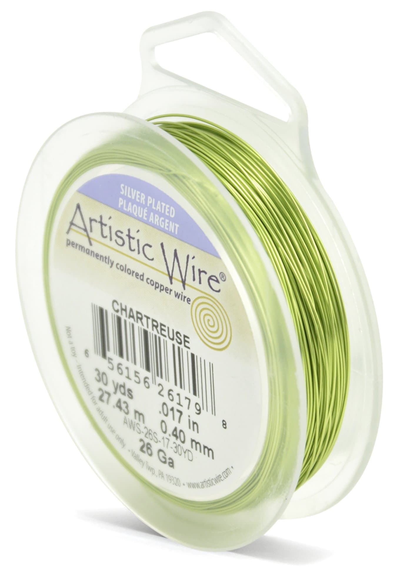 Artistic Wire 41 mm Silver Plated Tarnish Resistant Colored Copper Craft Wire, 26 Gauge, 30 yd, Chartreuse