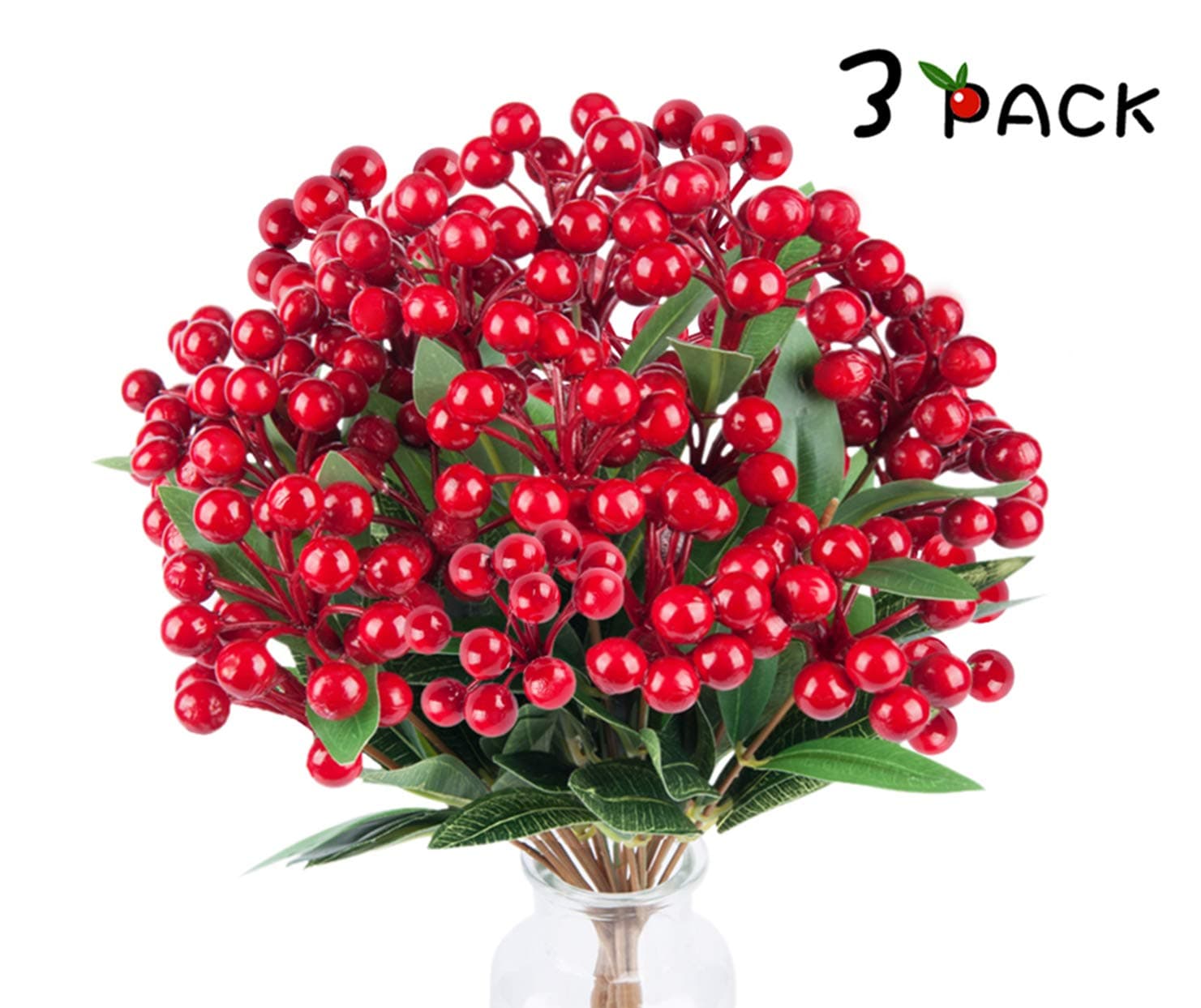 ROMAY Red Berries Artificial Berry Stems 3 Pack Holly Berries for Xmas and Home Decor, 12.5 Inches