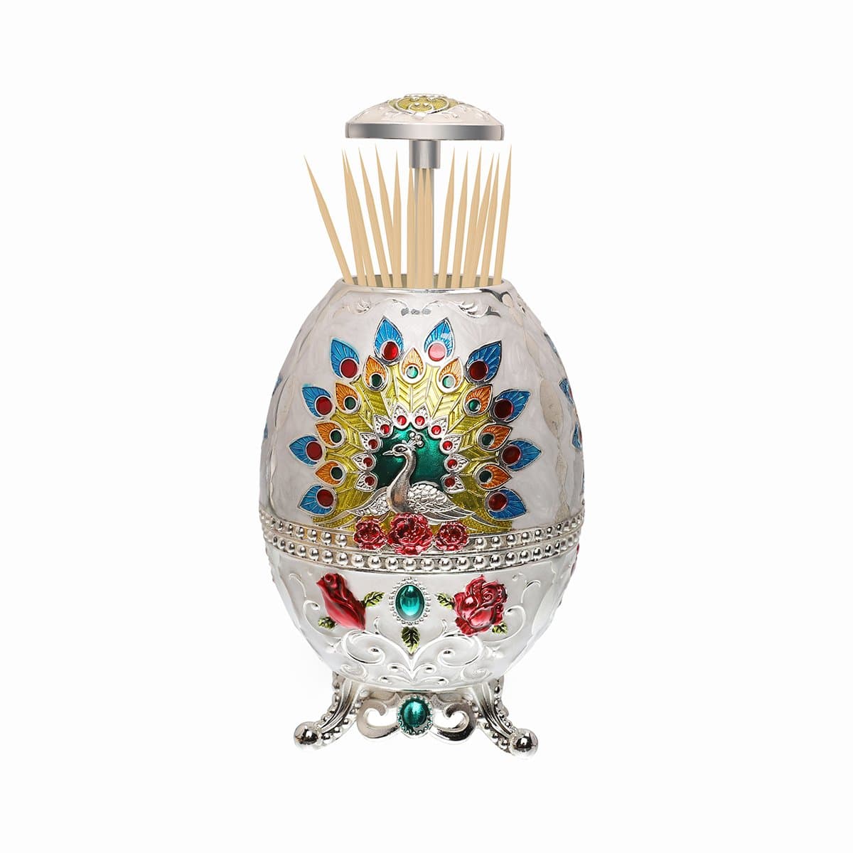 Portable Retractable Toothpick Holders with Bottle Opener Function Hand Push Metal Toothpicks Dispenser Automatic Retro Pop up Case Storage Organizer Container Ornament for Kitchen(Peacock-White)