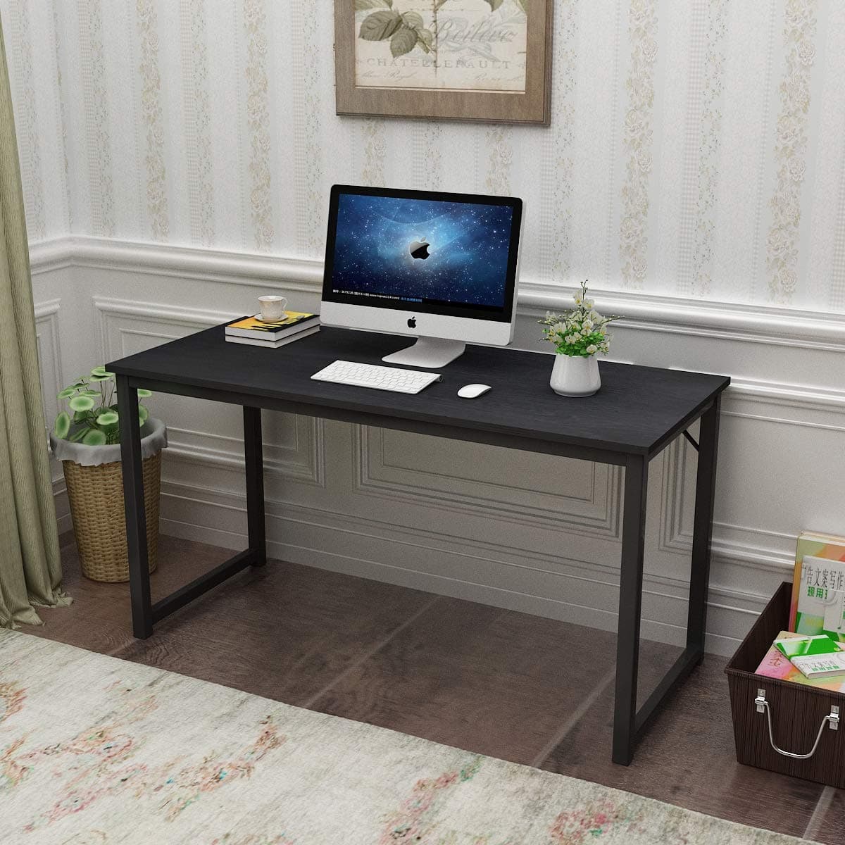 SogesPower 55 inches Modern Computer Desk PC Office Desk Study Desk Writing Table Multi-Purpose Workstation for Home Office Gaming Computer Desk, Black, SPGC-P2JJ-140BK