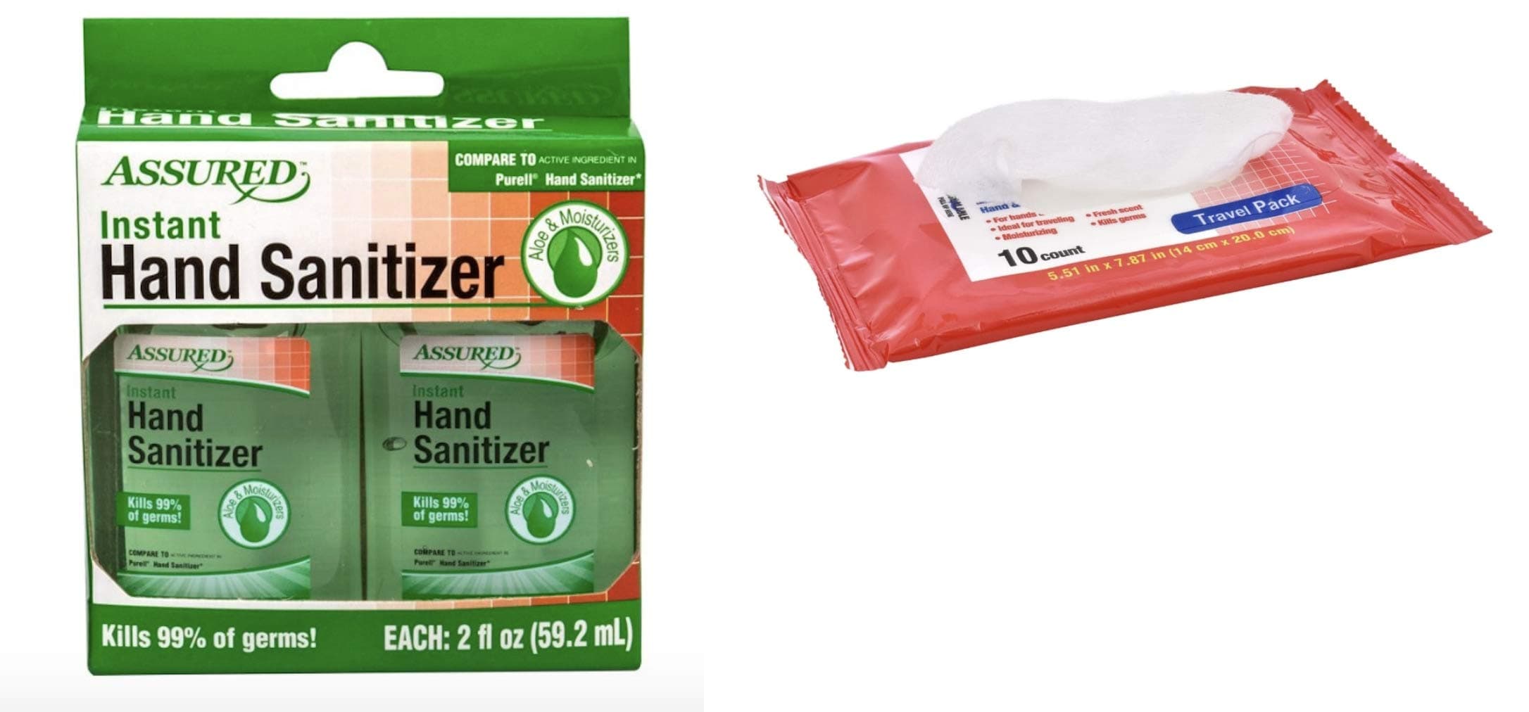 Assured Instant Hand Sanitizer - Lemon - Kills 99% Germs Pack of 2 Travel Size 2 oz each bundled with Antibacterial Wet Wipes Travel Pack