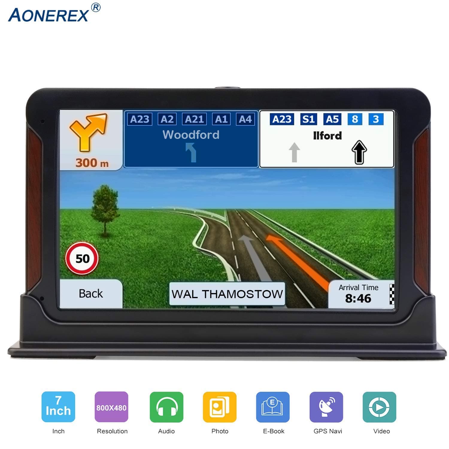 Aonerex SAT NAV GPS Navigation System, 7 inch HD Touch Screen,Voice Car Navigation System, Built-In 8GB&256MB,Pre-installed UK and EU Maps For Free Lifetime Updates