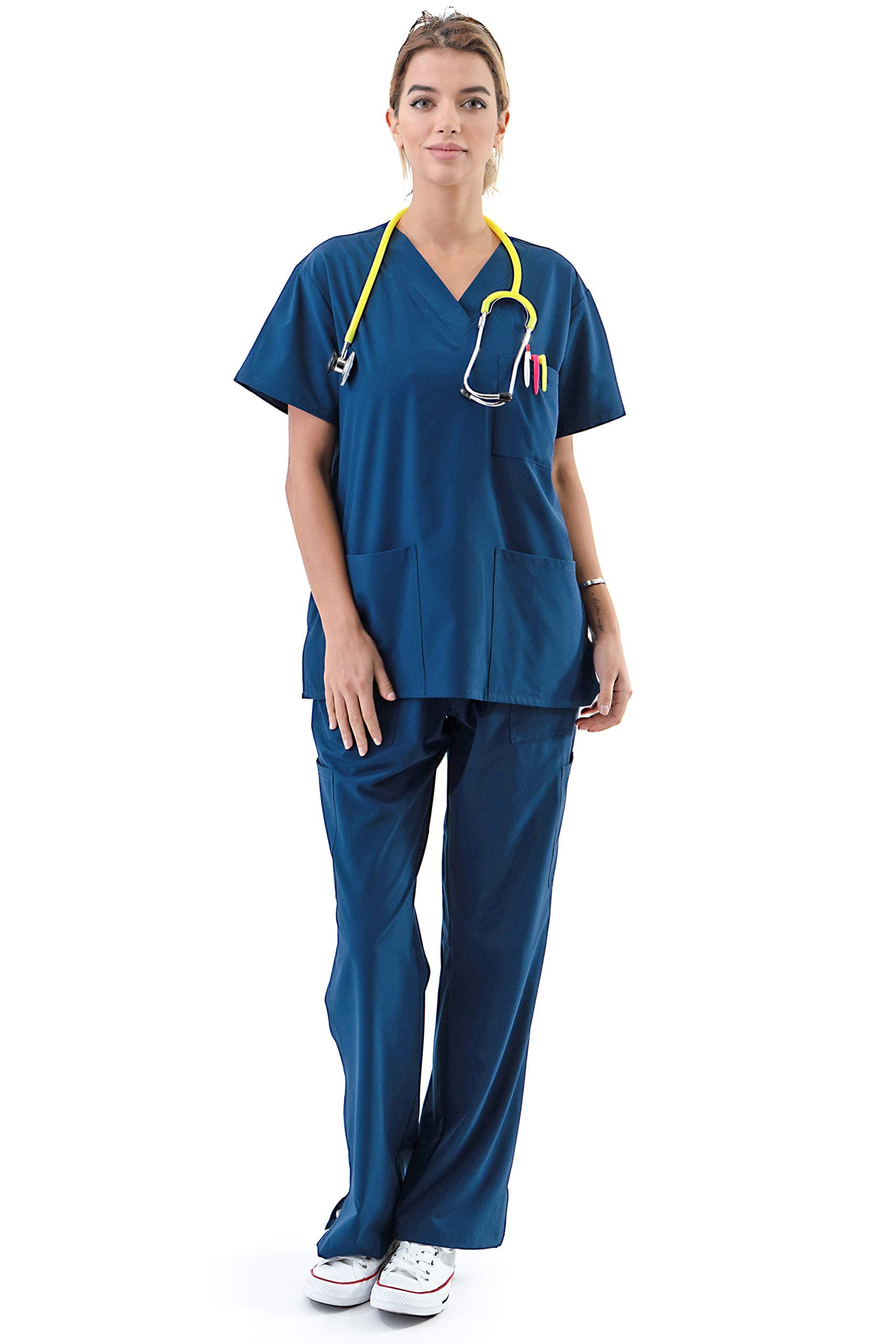 BASIC APPAREL USAWomen's Medical Uniform Scrubs Set – 4 Way Stretch 8 Pocket V-Neck Top with Drawstring Pants Nursing Dental