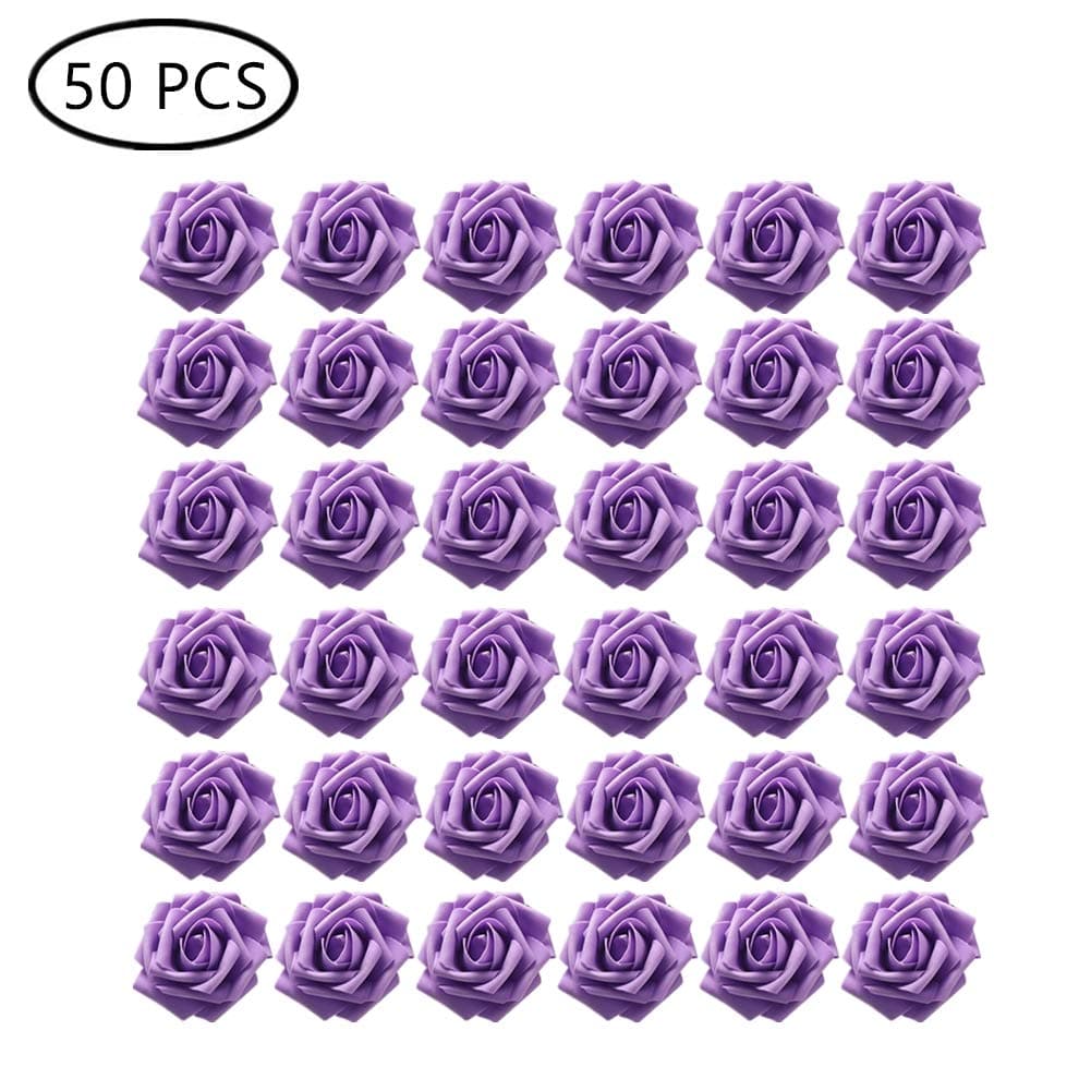 DQTYE 50pcs 8cm Real Touch Artificial Rose Fake Foam PE Flowers Head with Leaf and Adjustable Stem for DIY Bouquets, Wedding Party, Bridesmaid, Home Decor, Centerpieces, Floral Posies – Purple