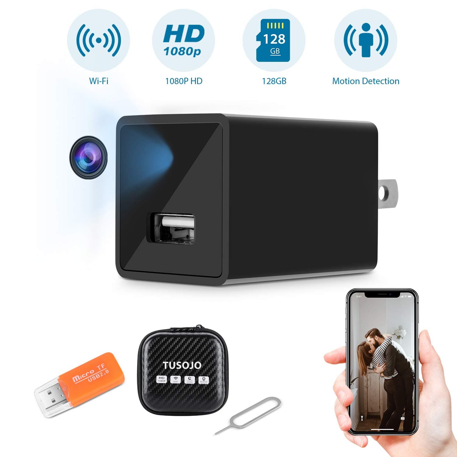 Hidden Camera Mini USB WiFi Camera Charger, 1080P Hidden Security Camera with Night Vision, Wide-Angle Wireless Camera with Motion Detection Alert, Remote View Baby Nanny Cam with Phone App