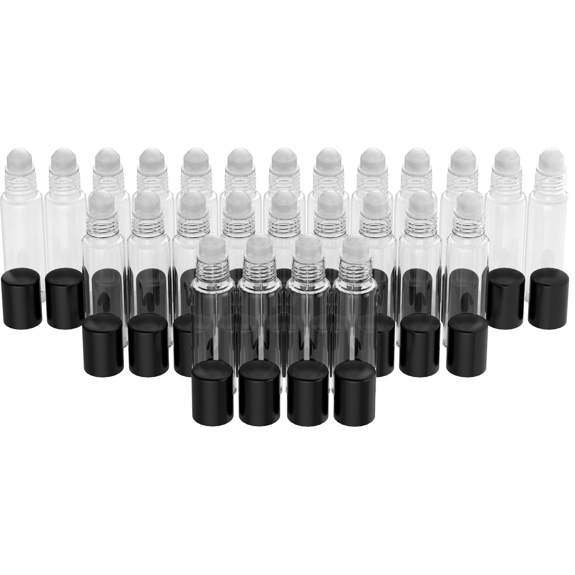 26 Pack - Essential Oil Roller Bottles [Metal Chrome Roller Ball] FREE Plastic Pippette, Funnel and Bottle Opener Refillable Glass Color Roll On for Fragrance - 10 ml 1/3 oz (Clear Color)