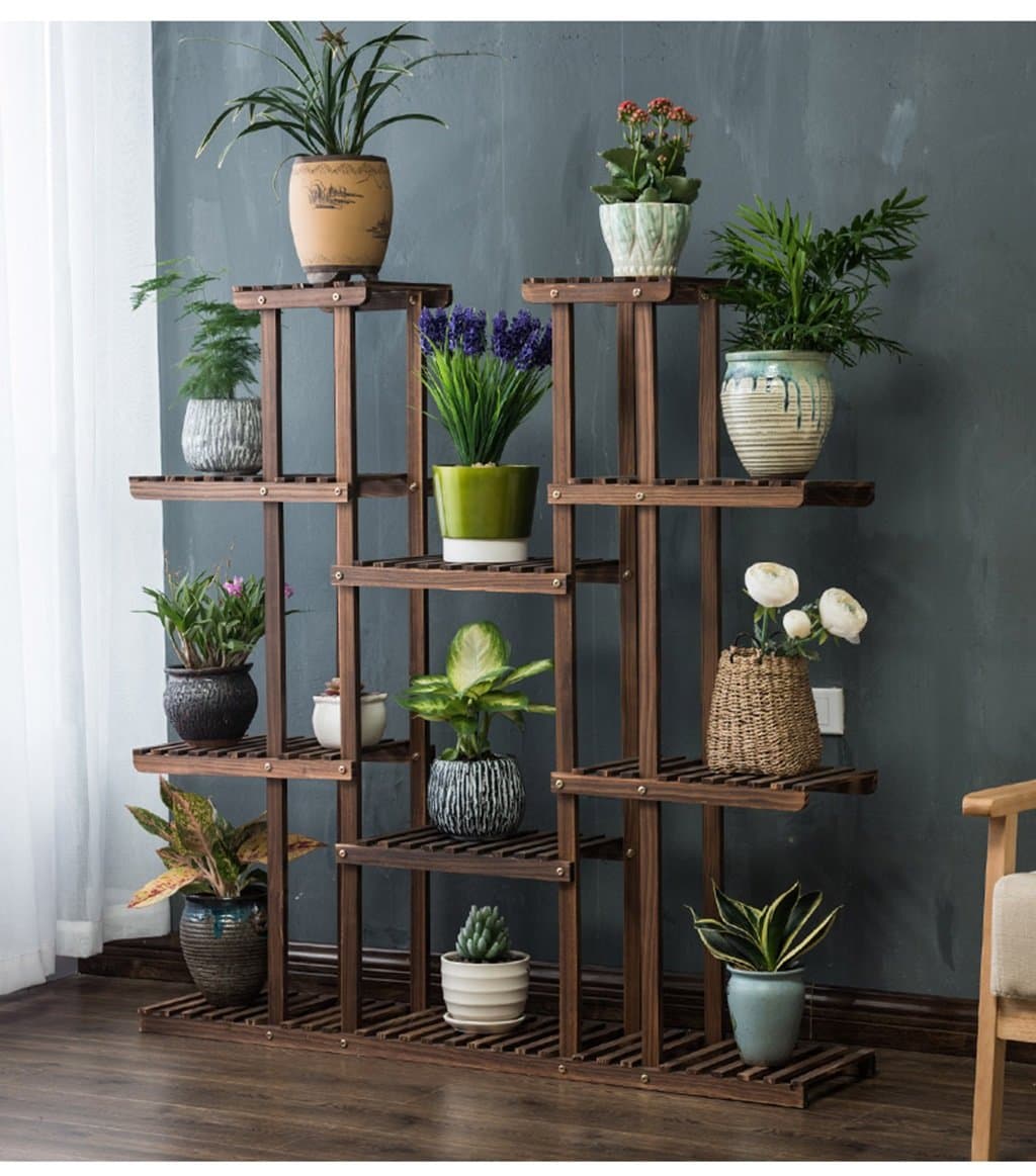 ZGP @Plant stand Solid Wood Flower Stand Multi-layer Symmetrical Flower Stand Carbonized Ribbon Wheel Balcony Living Room Plant Stand (Color : B)