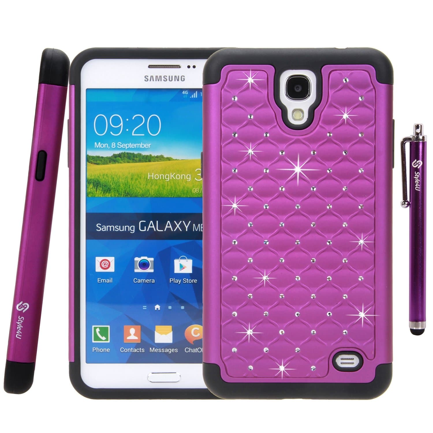 Galaxy Mega 2 Case, Mega 2 Bling Case, Style4U Galaxy Mega 2 Studded Rhinestone Crystal Bling Hybrid Armor Case Cover for Samsung Galaxy Mega 2 G750F with 1 Screen Protector and 1 Stylus [Purple / Black]