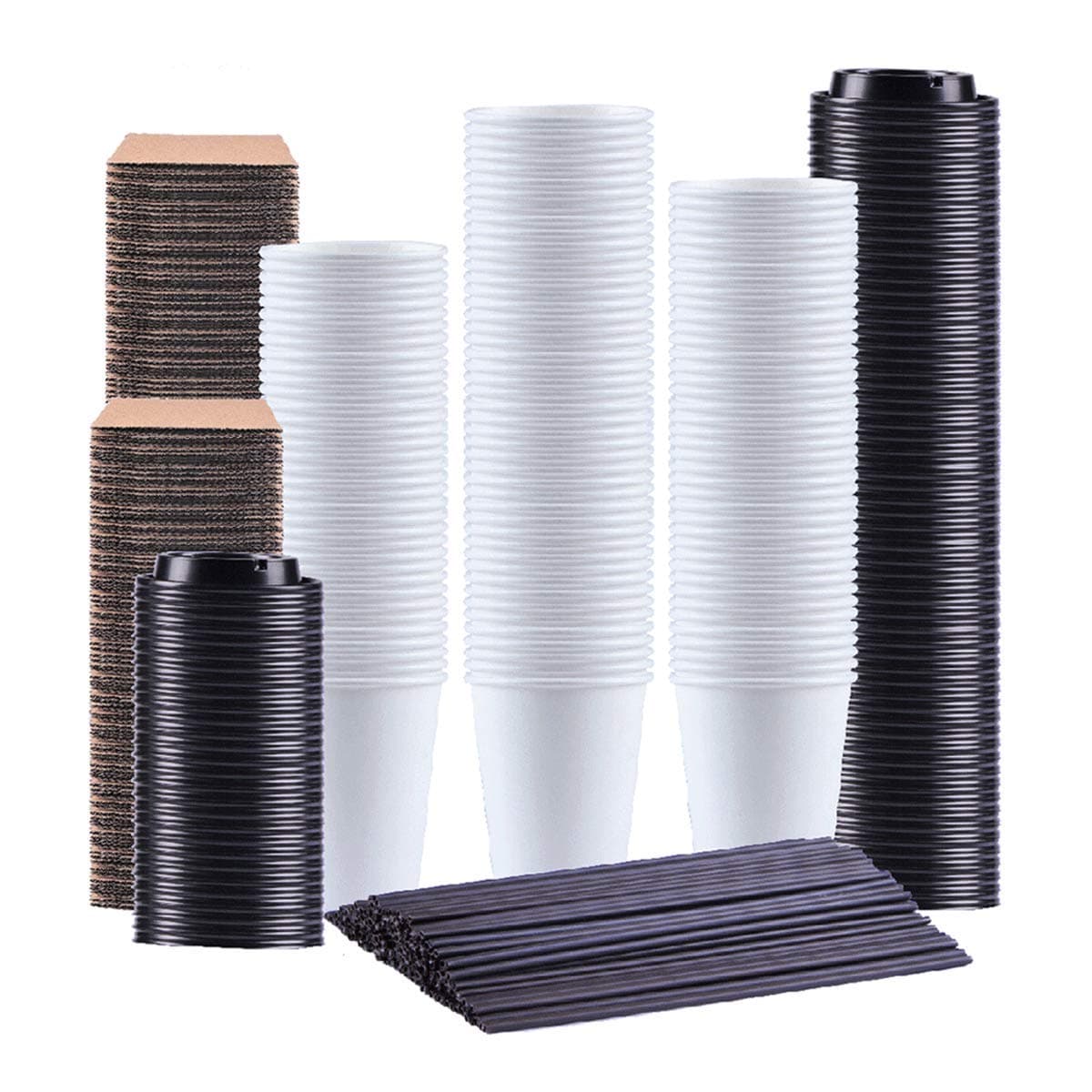 Kindpack Disposable Coffee Cups 12 oz,110 Count,With Lids Sleeves and Straws,Durable White Paper Hot Cup Perfect for Coffee, Cappuccino or Latte (12 oz)