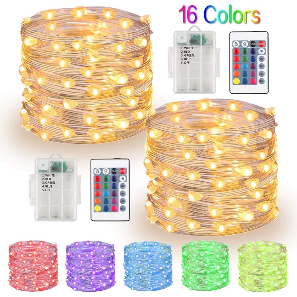 MJMIX RGB Fairy Lights 2 Pack 33ft 100 LED String Lights Battery Operated Multi Color Changing Waterproof Silver Wire Firefly Starry Lights with Remote Timer for Bedroom Party Christmas Wedding Decor