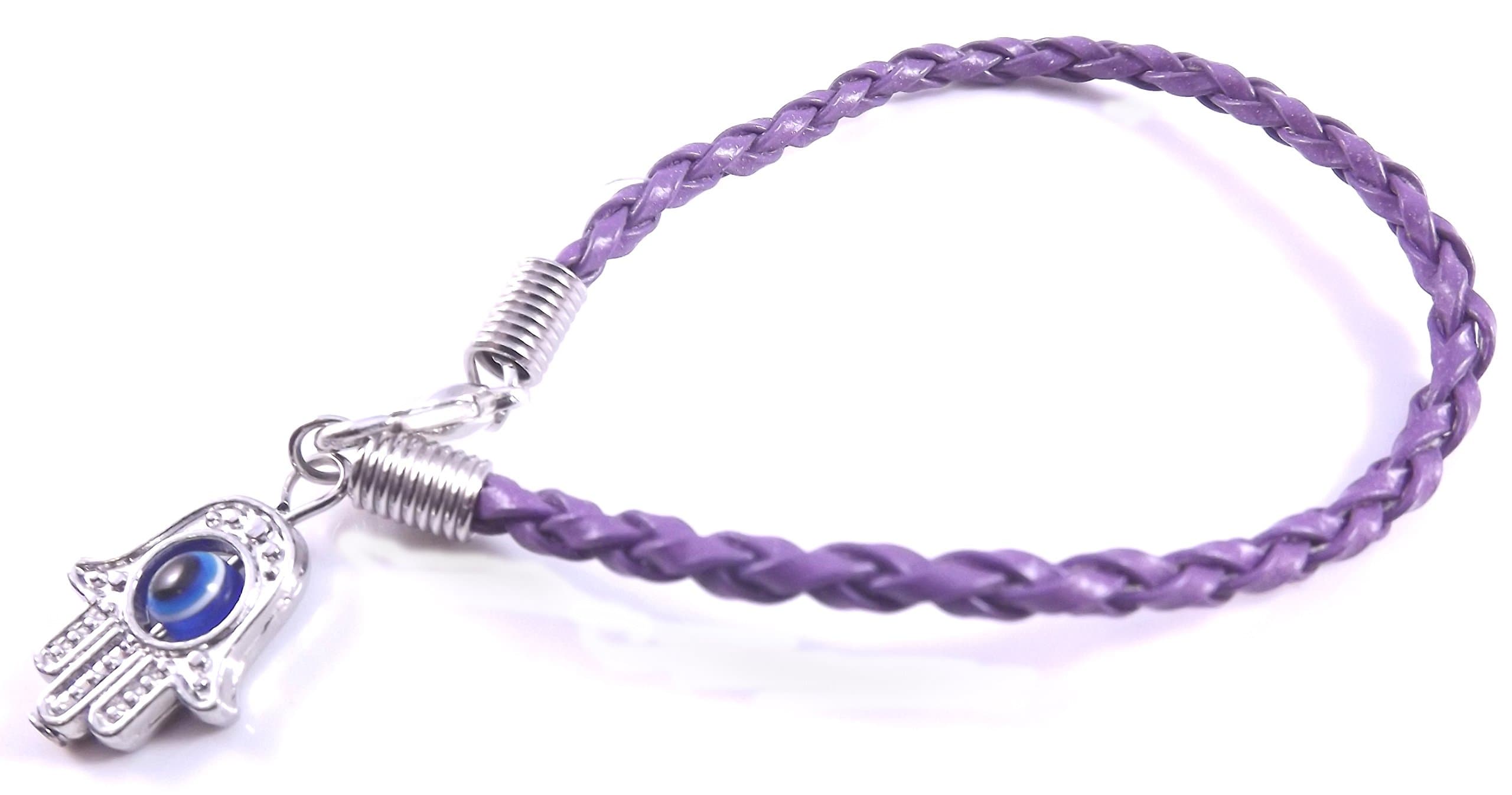Round Designs"Lucky" Hamsa Purple String Kabbalah Bracelet with Braided String and Rotating"Evil Eye" Hamsa Hand - Jewish Judaica Amulet Pendant Jewelry