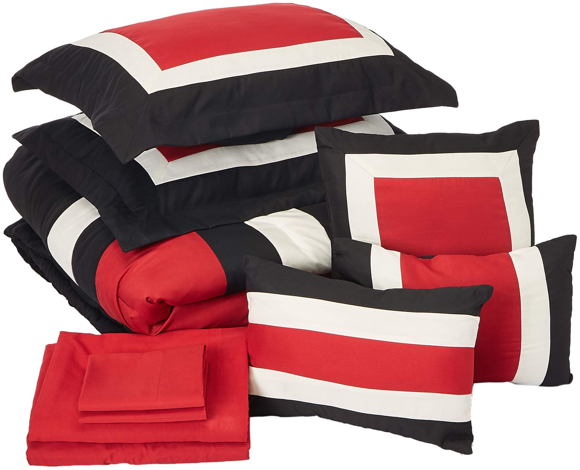 Chic Home Comforter Complete Bag Pieced Color Block Patterned Bedding with Sheet Set and Decorative Pillows Shams Included, Microfiber, Red, Queen