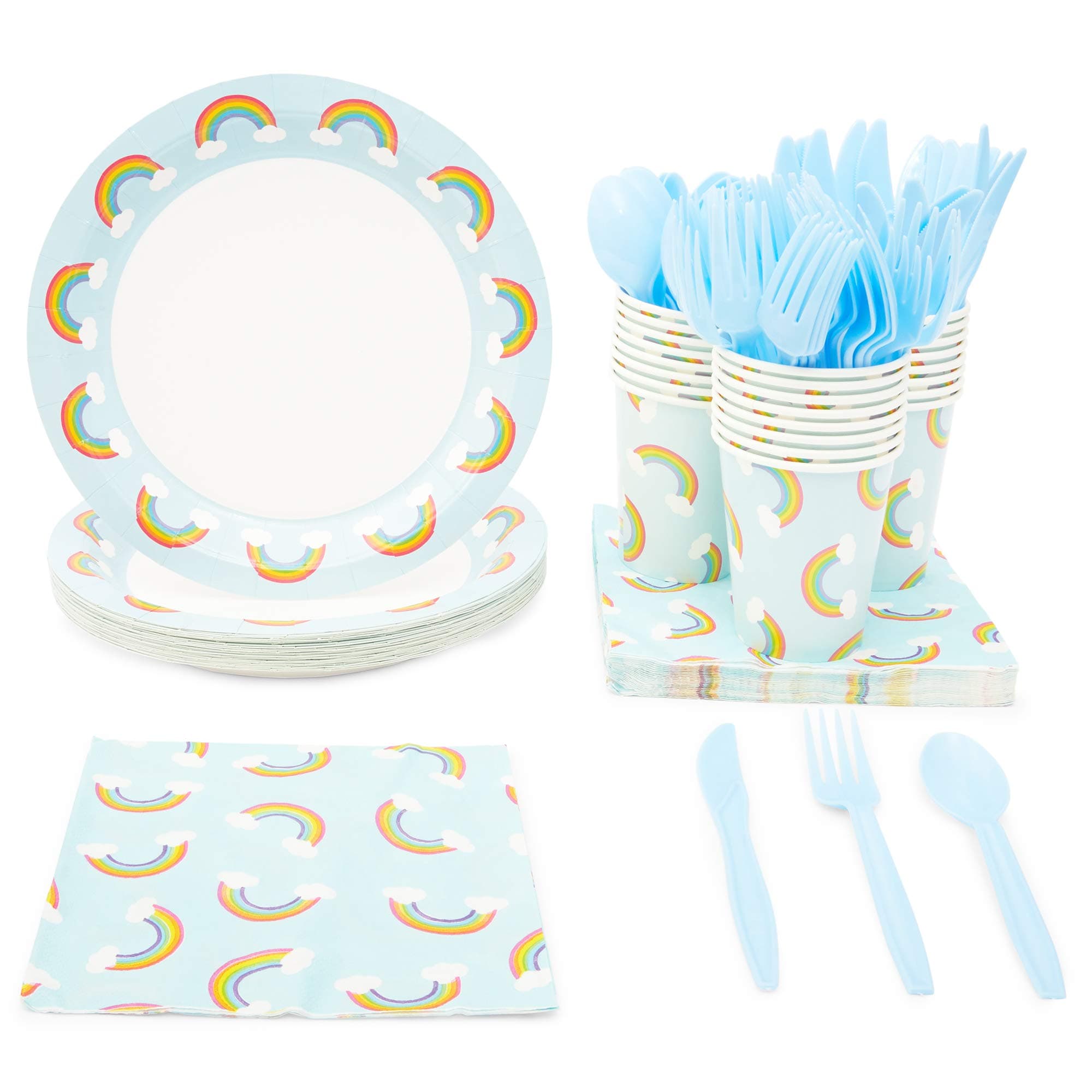 Rainbow Party Dinnerware Set for 24 Guests (144 Pieces)