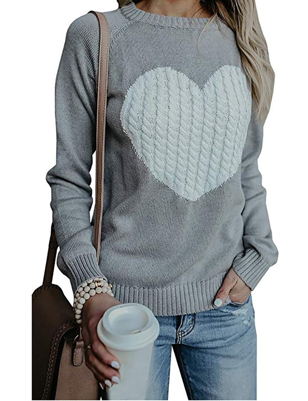 shermieWomen's Pullover Sweaters Long Sleeve Crew Neck Casual Front Big Cute Heart Sweater