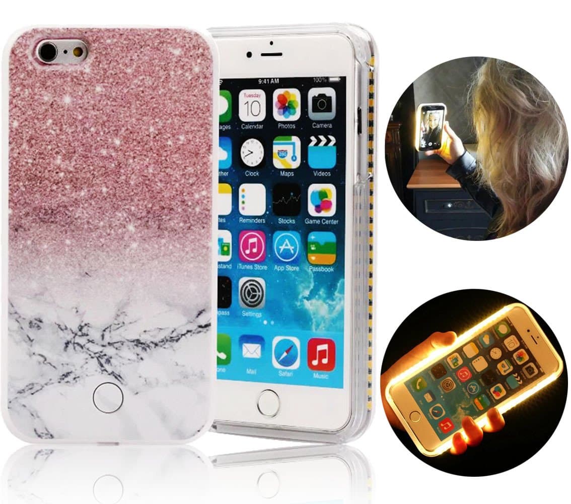 iPhone 6 Plus Case,Sunroya[LED Flashing Series] Creative Incoming Call Light up Hard PC Selfies Rear Light Shining Transparent Cover for iPhone 6S Pus 5.5",Glitter Pink Snow Pattern