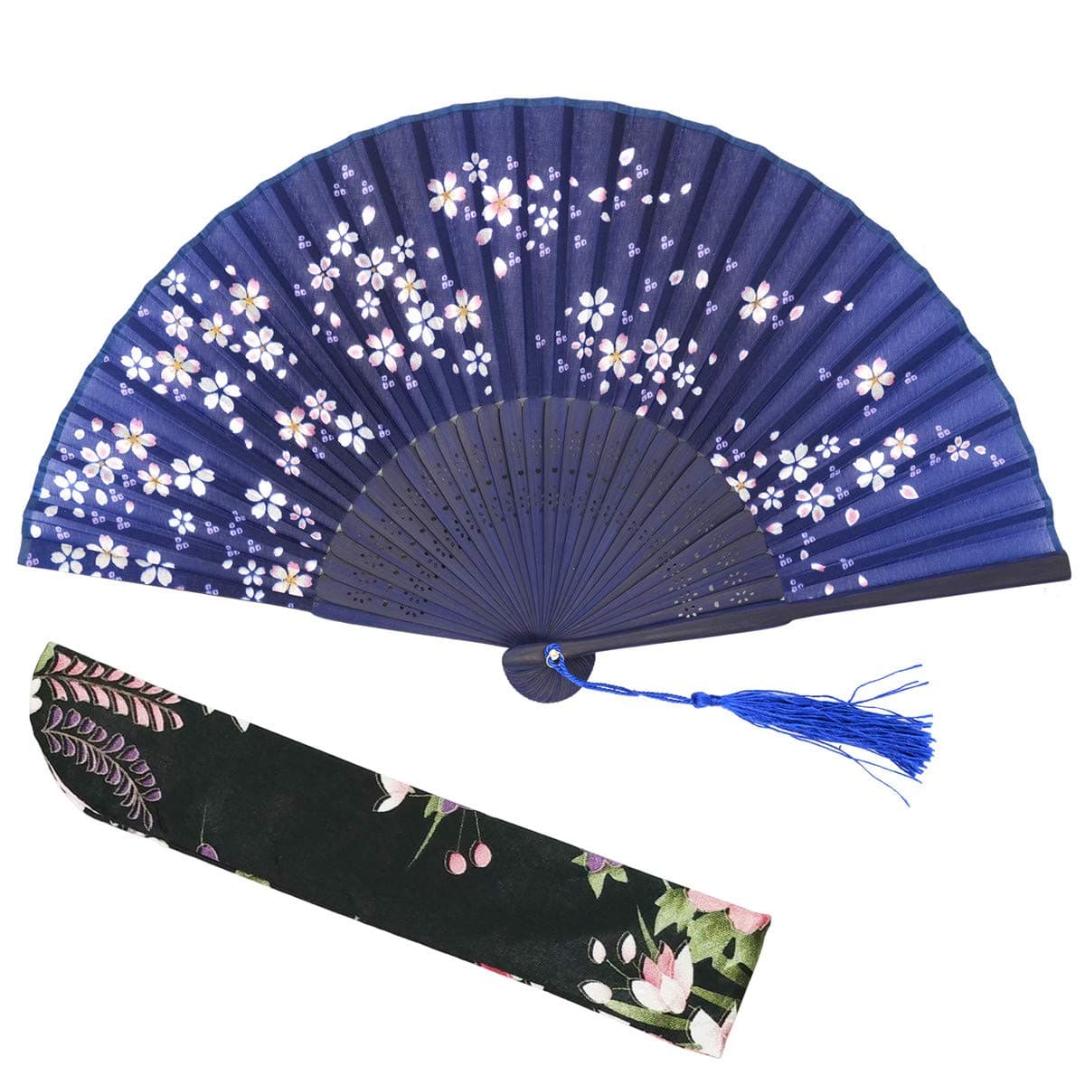 LysaWomen Hand Held Silk Folding Fan with Bamboo Frame-Silk Tissue Protective Sleeve - Chinese/Japanese Style of “Sakura Butterfly Love” Pattern (Little Sakura-Blue)