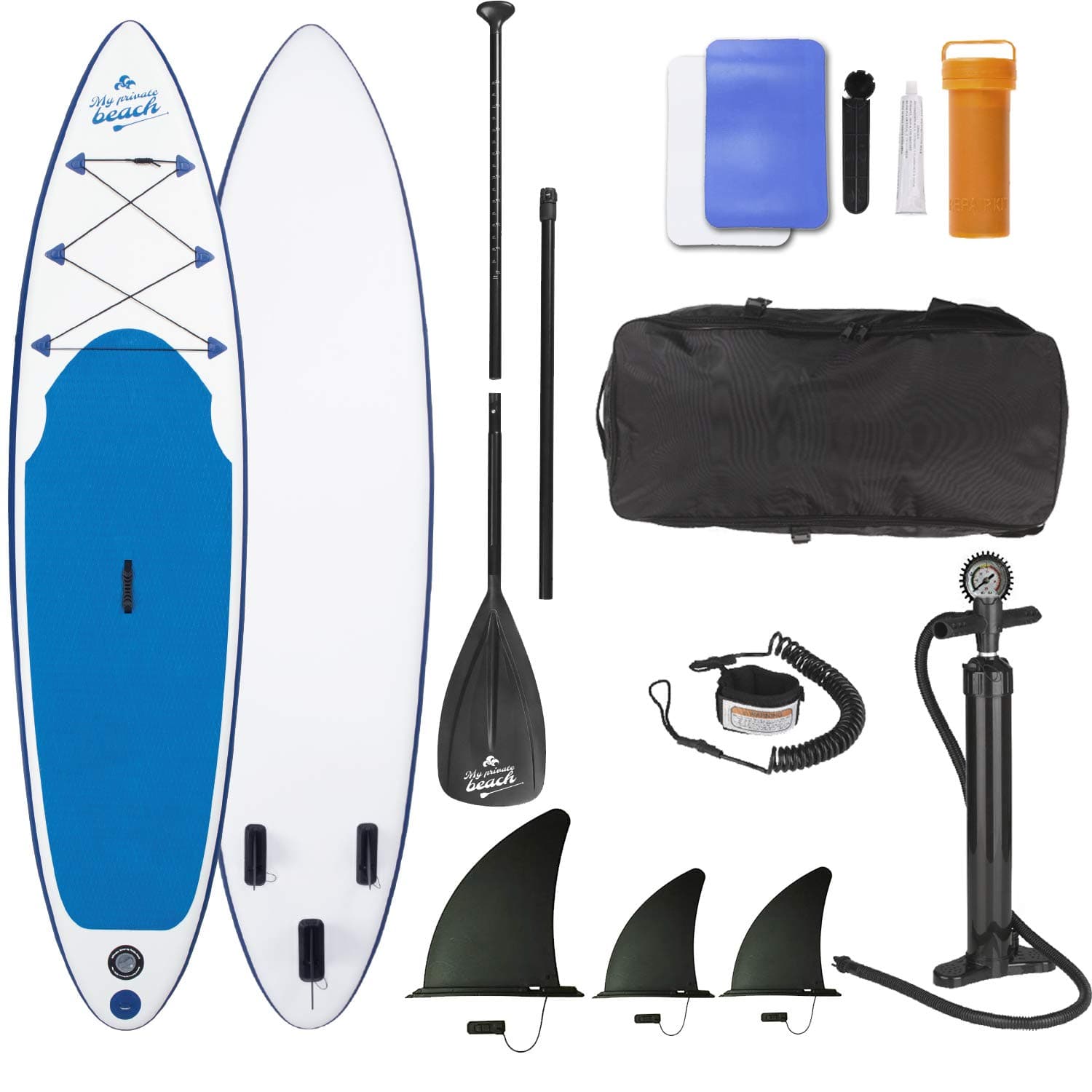 EASYmaxx SUP inflatable stand-up paddle board, including pump, carry bag and aluminium paddle, 3 fins for maximum stability, ideal for beginners and advanced users, white blue, 320 x 76 x 15 cm