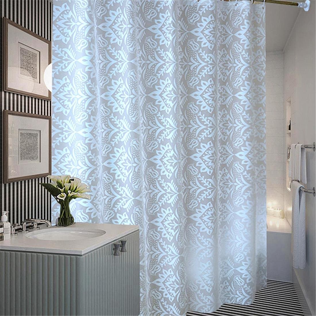 Zhomesupplies Plastic Translucent Shower Curtain, Extra Long White Pattern Mildew Resistant Waterproof Bathroom No Transparent With Enough Rings Hooks, 180 x 200 cm