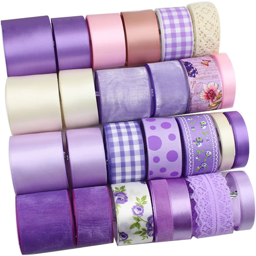 Seventopia 25 Patterns Mesh Lace Satin Grosgrain Fabric Ribbon Set for Crafts, DIY, Hair Bows and Gift Wrapping