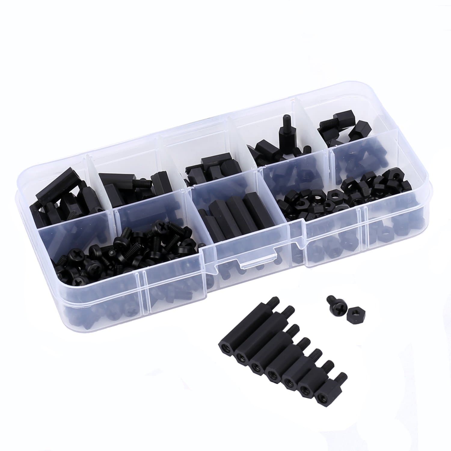 Proimb 180pcs DIY M3 Nylon Hex Nuts Screws Spacers Stand-Off Plastic Accessories Assortment Black