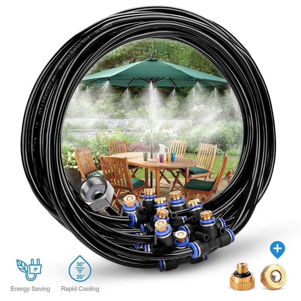 Irrigation System, Air Misting Outdoor Cooling System Kit- 8M Misting Line + 9 Metal Mist Nozzles + a Brass Adapter for Outdoor Patio Garden Watering Reptile Mosquito Prevent