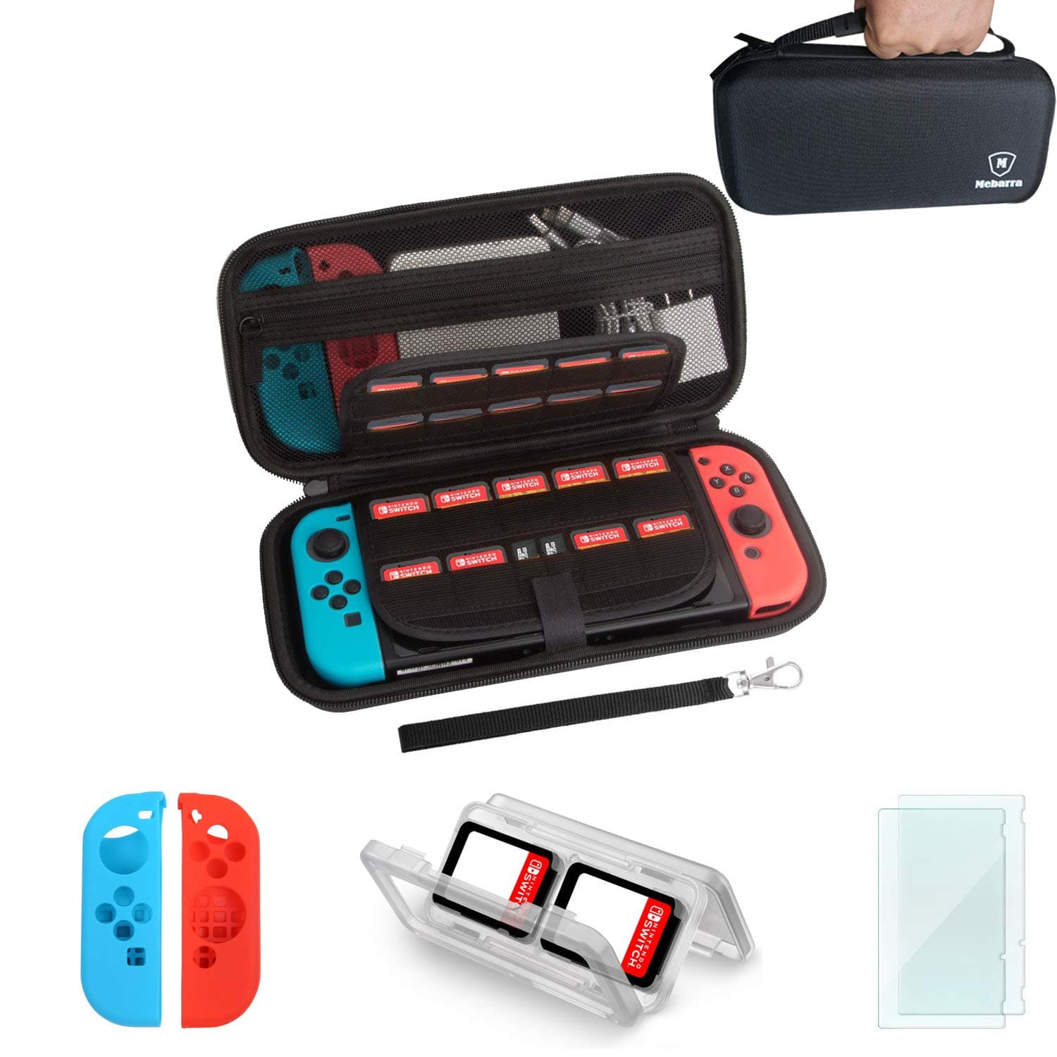 Carrying Case and Screen Protector for Nintendo Swtich, Mebarra Switch Accessories Starter kit Include Protective Travel Shell Case, Charging Cable, Joy-Con Cover (19 Game Cards Holders, Black)
