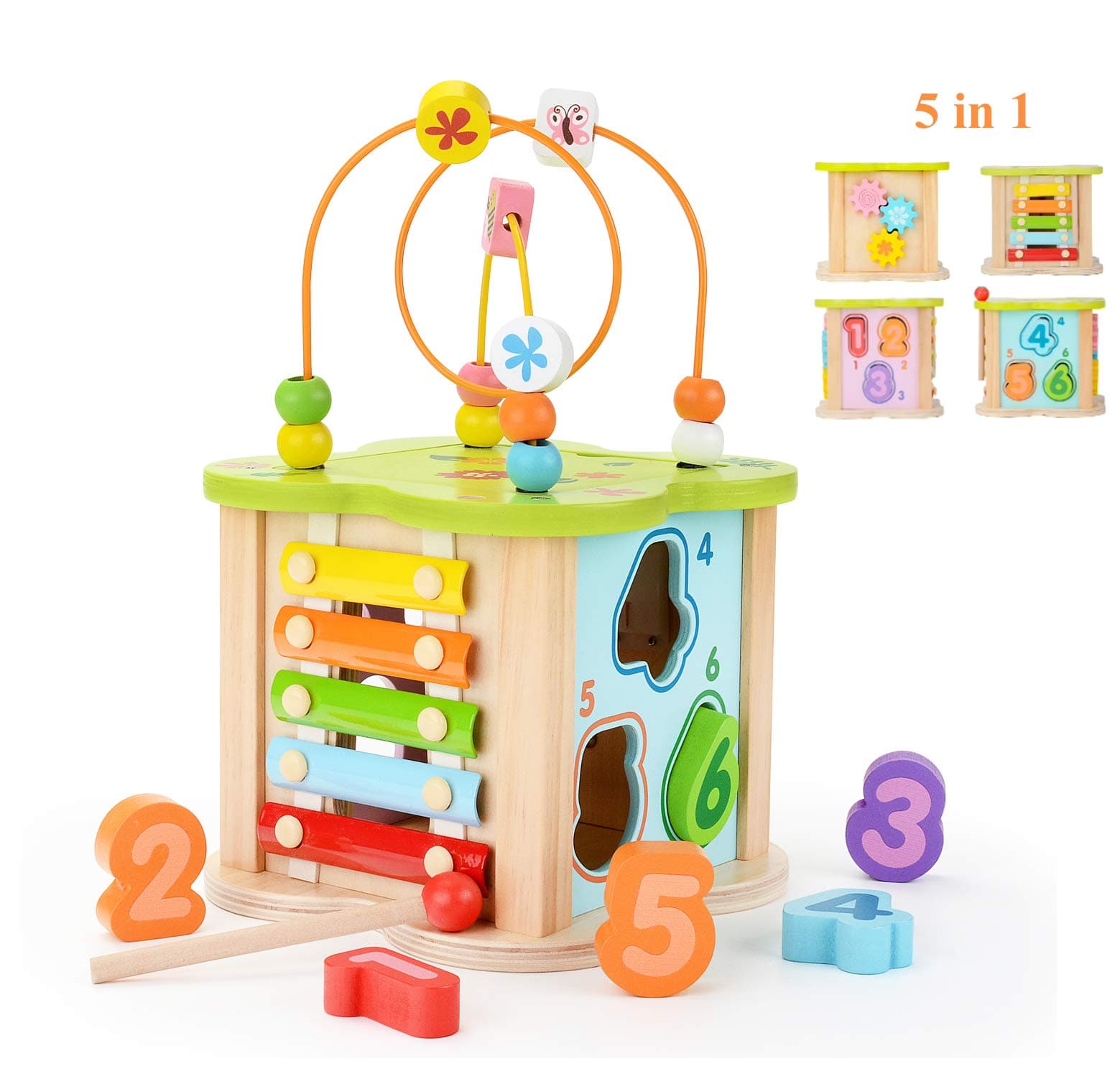 WOOKA Wooden Activity Cube, 5 in 1 Educational Learning Toy, Wooden Xylophone Bead Maze for 1 Year Old Boy and Girl Toddlers Gift Small Size