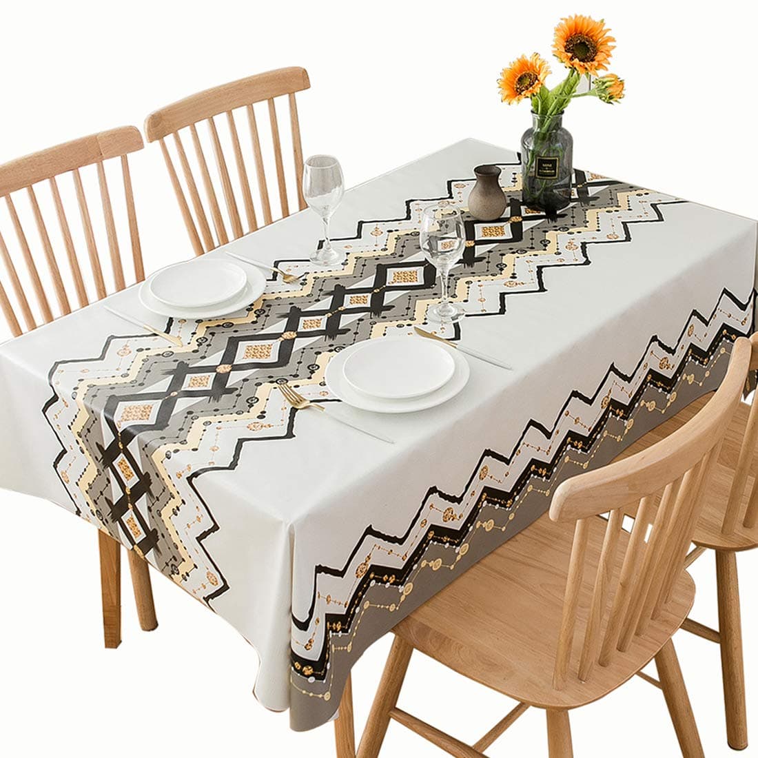 DUOFIRE Vinyl Tablecloth White Background Geometric Pattern Square Heavy Weight Table Cover Wipe Clean Waterproof 54 x 54 Inch