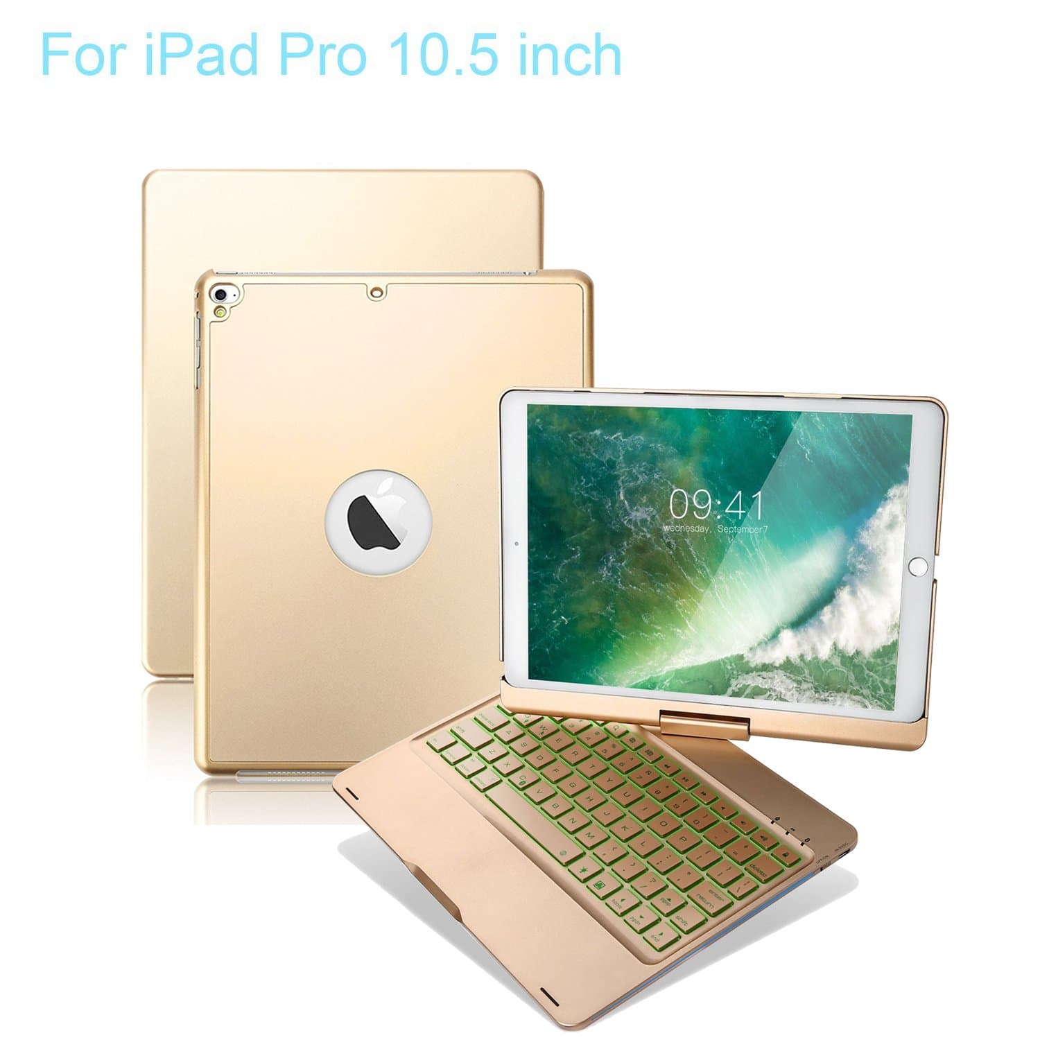 VANKY Fit iPad Pro 10.5 Keyboard Case,360 Rotatable 7 Backlit Colors Smart Wake/Sleep Wireless Keyboard Ultrathin, Aluminium Fit iPad Pro 10.5 Model A1701/A1709 (Gold)