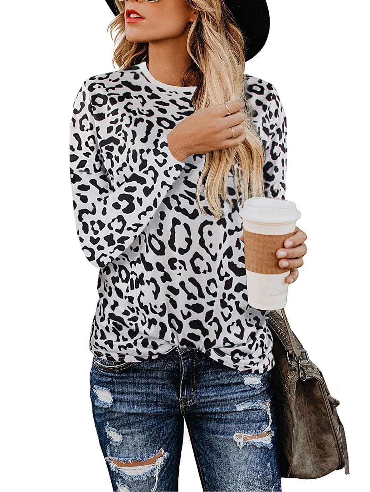 Women Leopard Print Shirts Basic Tunics Round Neck Comfy Tops Long Sleeve Fashion Blouse