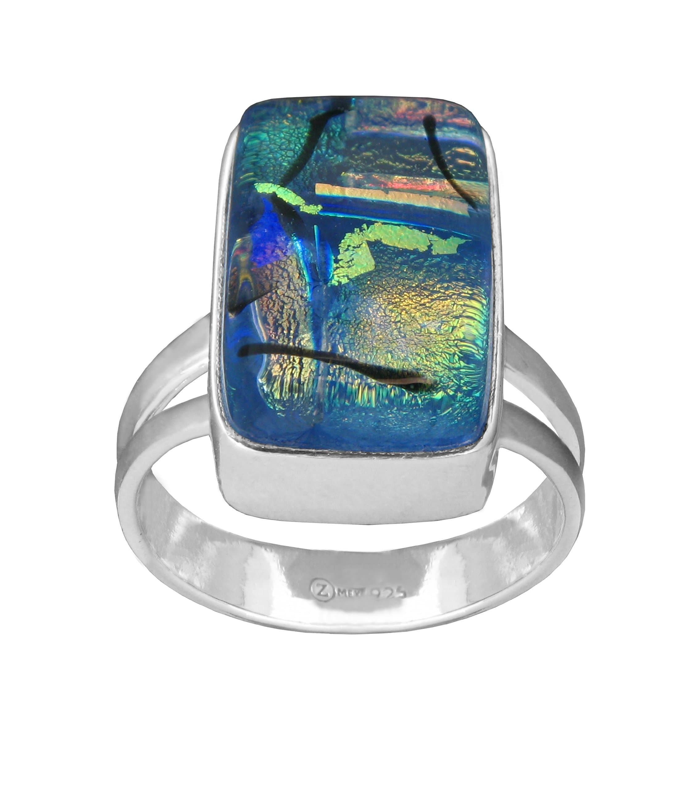 Sterling Silver Dichroic Bezel-Set Blue and Orange Ring