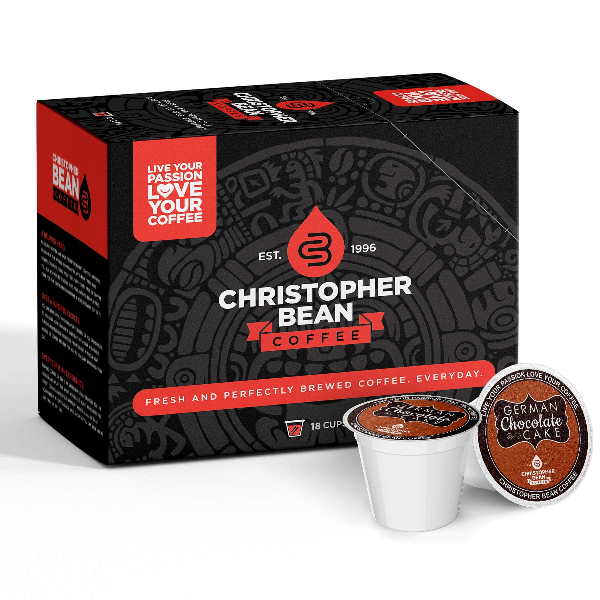 German Chocolate Cake Single Coffee Cup, (Regular) 100% Recyclable Single Serve Flavored Pod, 100% Arabica, No Sugar, No Fats, Non-GMO, 18 Cups of Regular Coffee Per Box – Christopher Bean Coffee