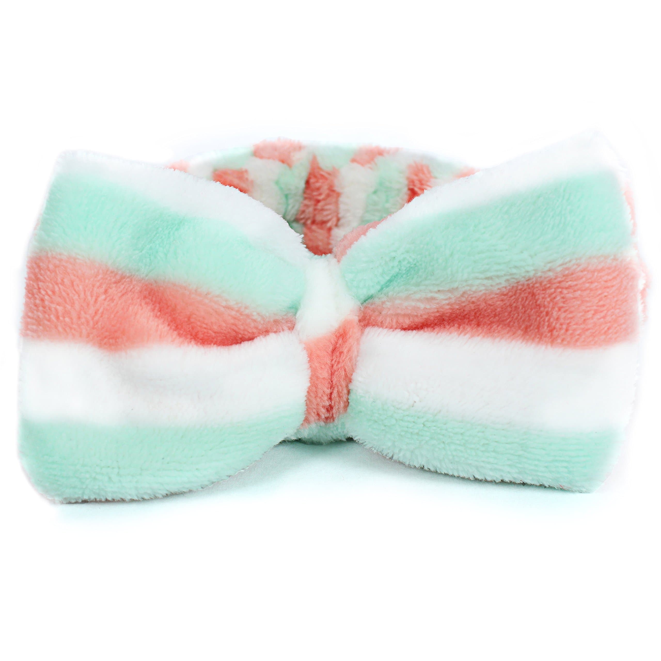 (Single) Plush Elastic Stretchy Spa Headband for Face Mask, Makeup, Face Wash - Universal Fit - Machine Washable Ultra Soft Bow Facial Head Wrap - w/Detachable Bow