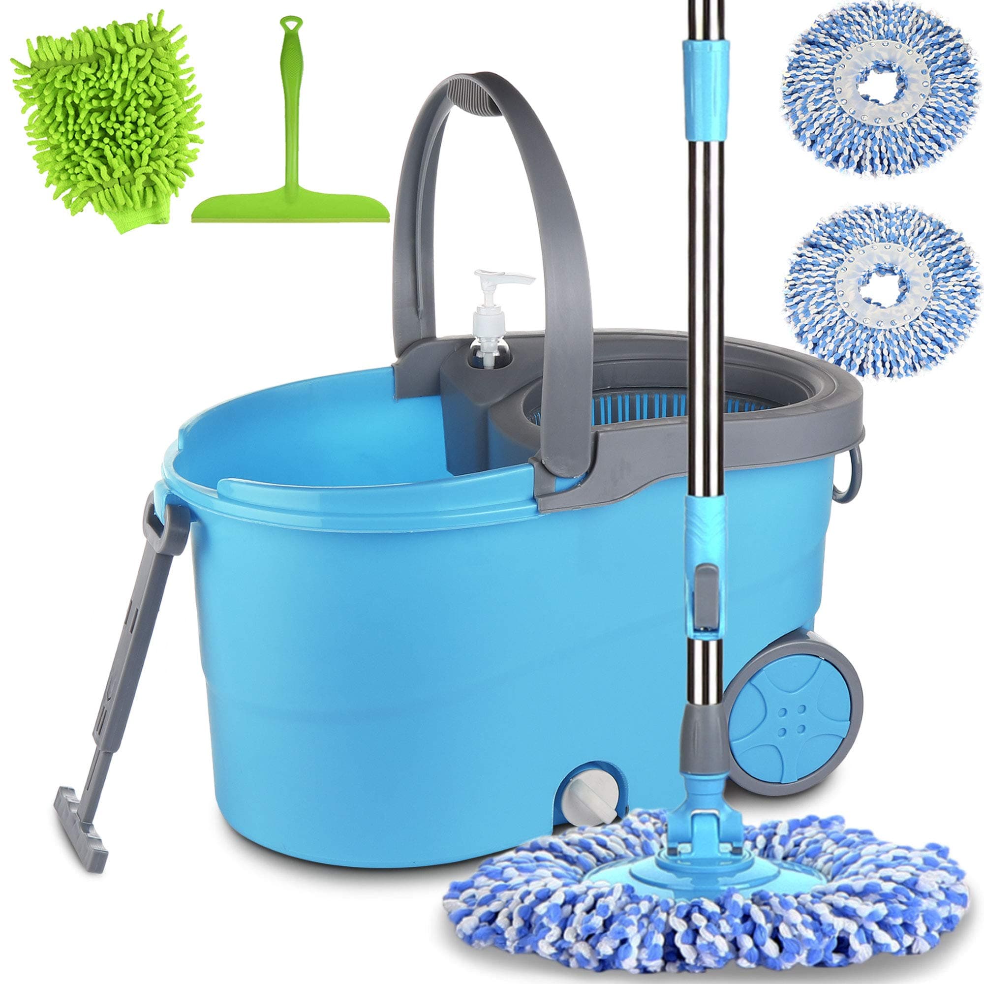 Smile mom Magic Spin Mop with Bucket Set with Big Wheels for Best 360 Degree Easy Floor Cleaning, 2 Refill Head, Microfiber Glove + Kitchen Wiper (Blue)