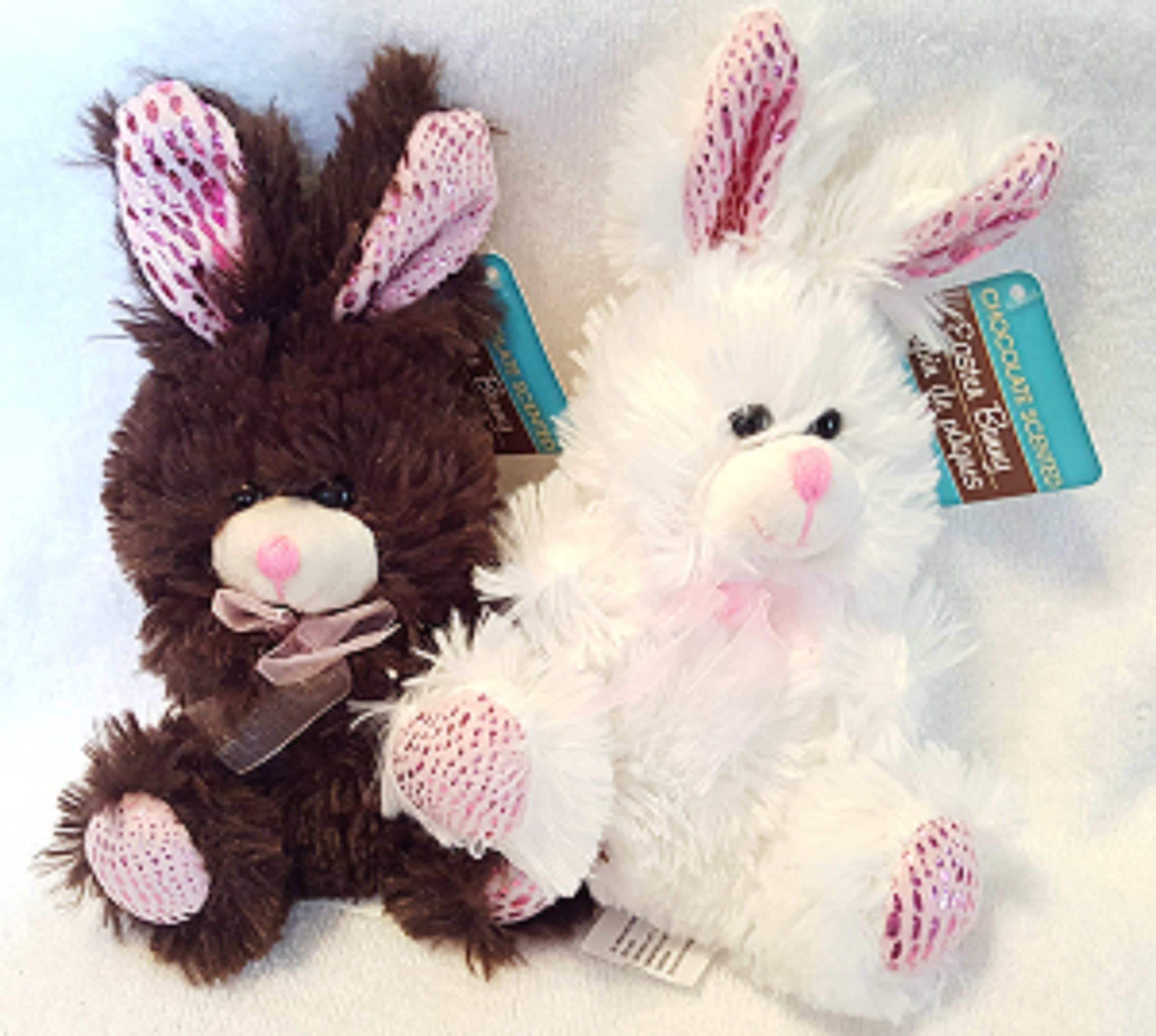 Chocolate-Scent Festive Easter Bunnies - Brown and White 7" Set of 2 Soft Bunnies with Adorable Pink Accents