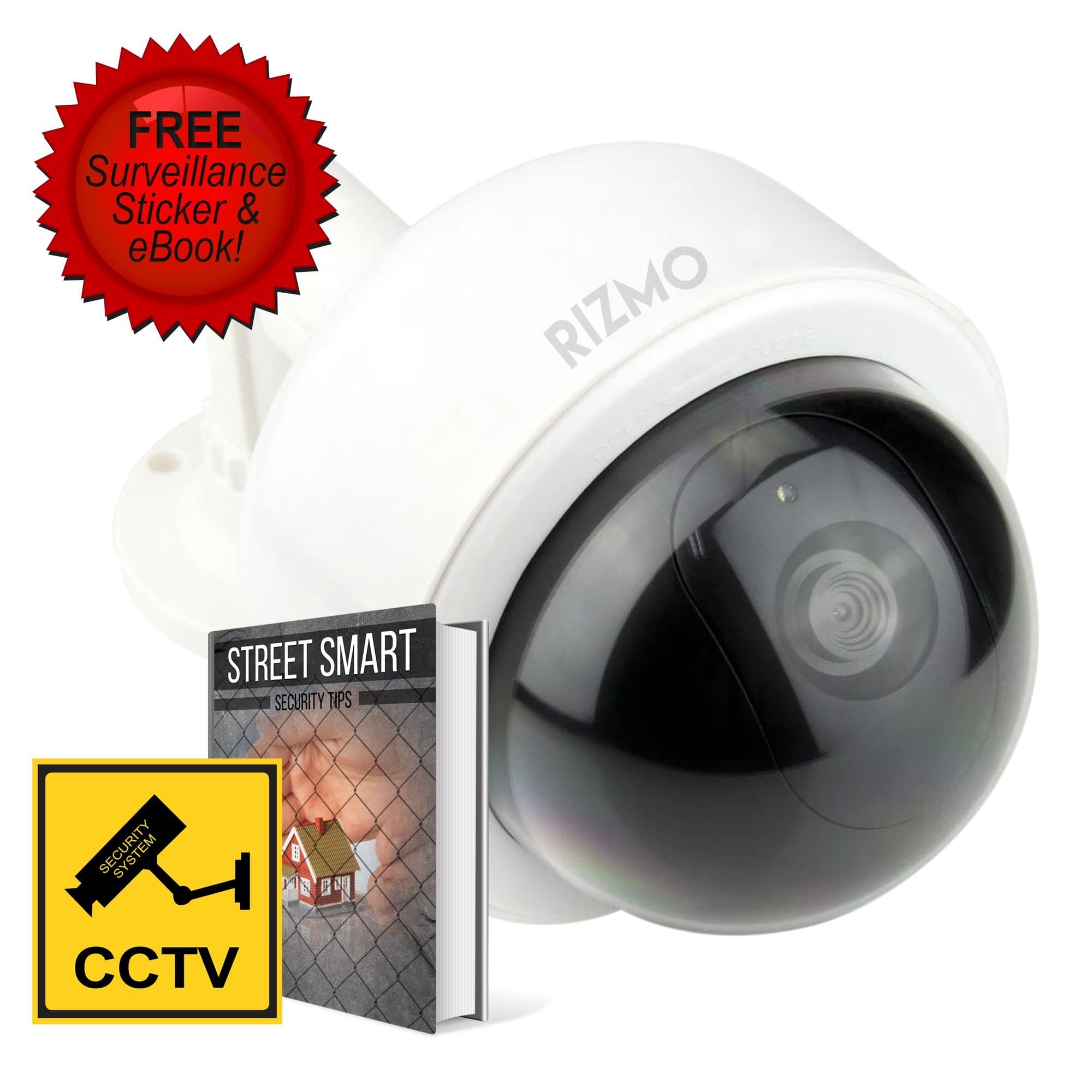 Rizmo - Ultimate Fake Camera Bundle - Indoor outdoor Dome Dummy Camera with blinking Led lights. Fake Camera with free surveillance sign. Realistic looking Dummy security camera with Free Ebook.