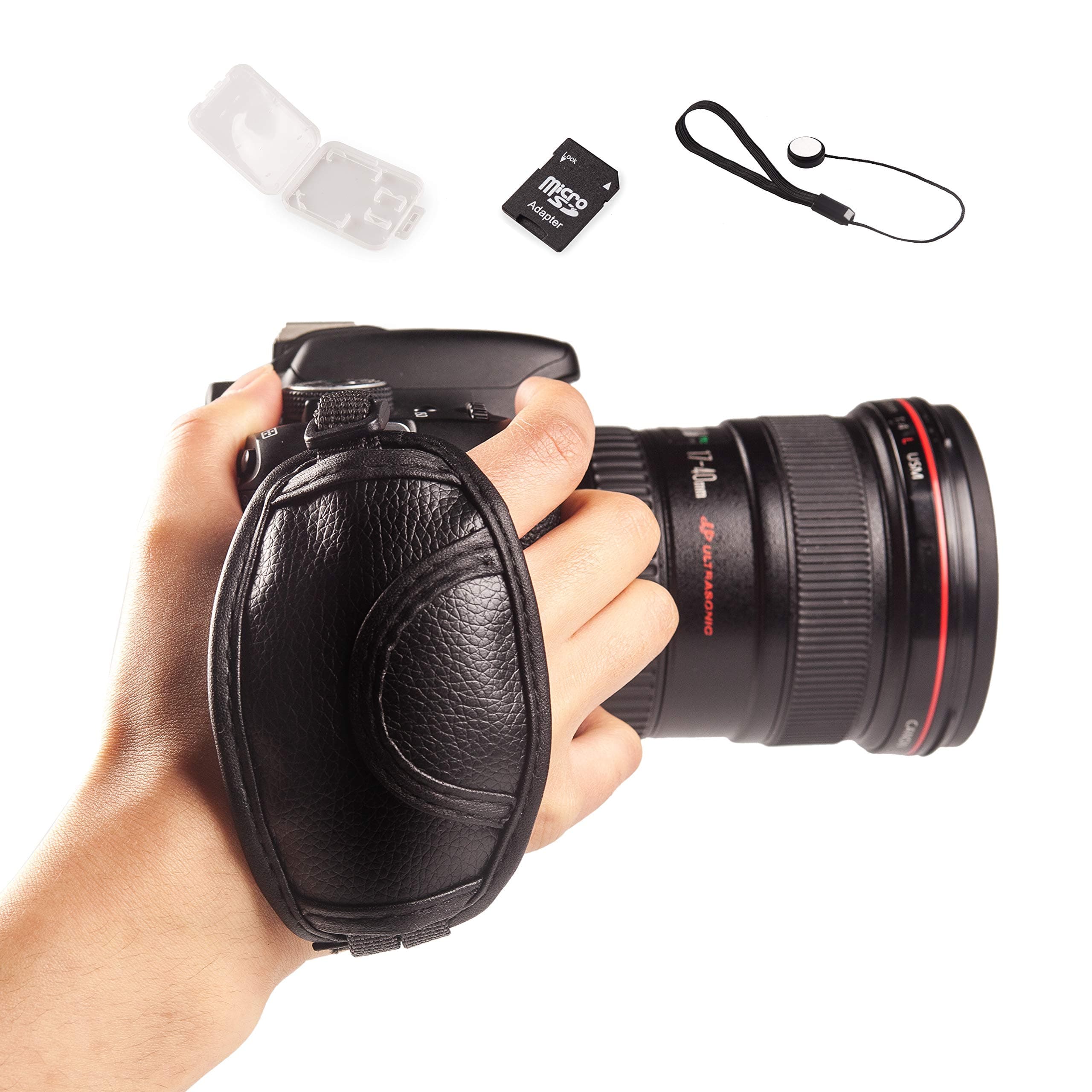 CamZone Leather Hand Grip Strap for Canon EOS Nikon D7200 D7000 D600 D800 D90 D5200 D3100 Sony Olympus SLR/DSLR Leather Wrist Strap+Lens Cap Anti-Lost Keeper Leash,TF Adaptor TF/SD Card Holder Case