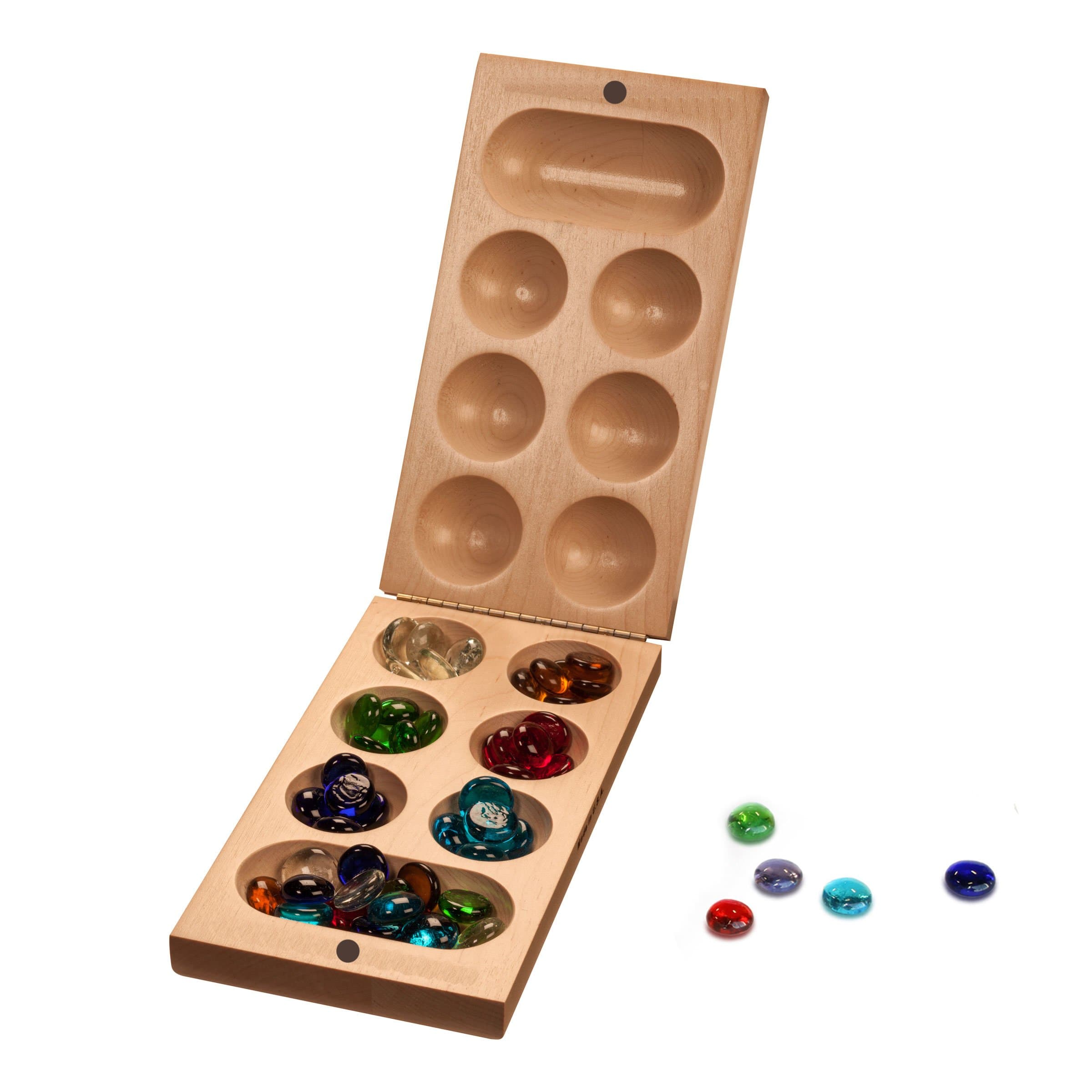 Folding Mancala Game - Solid Maple Wood & Glass Stones (Made in USA)