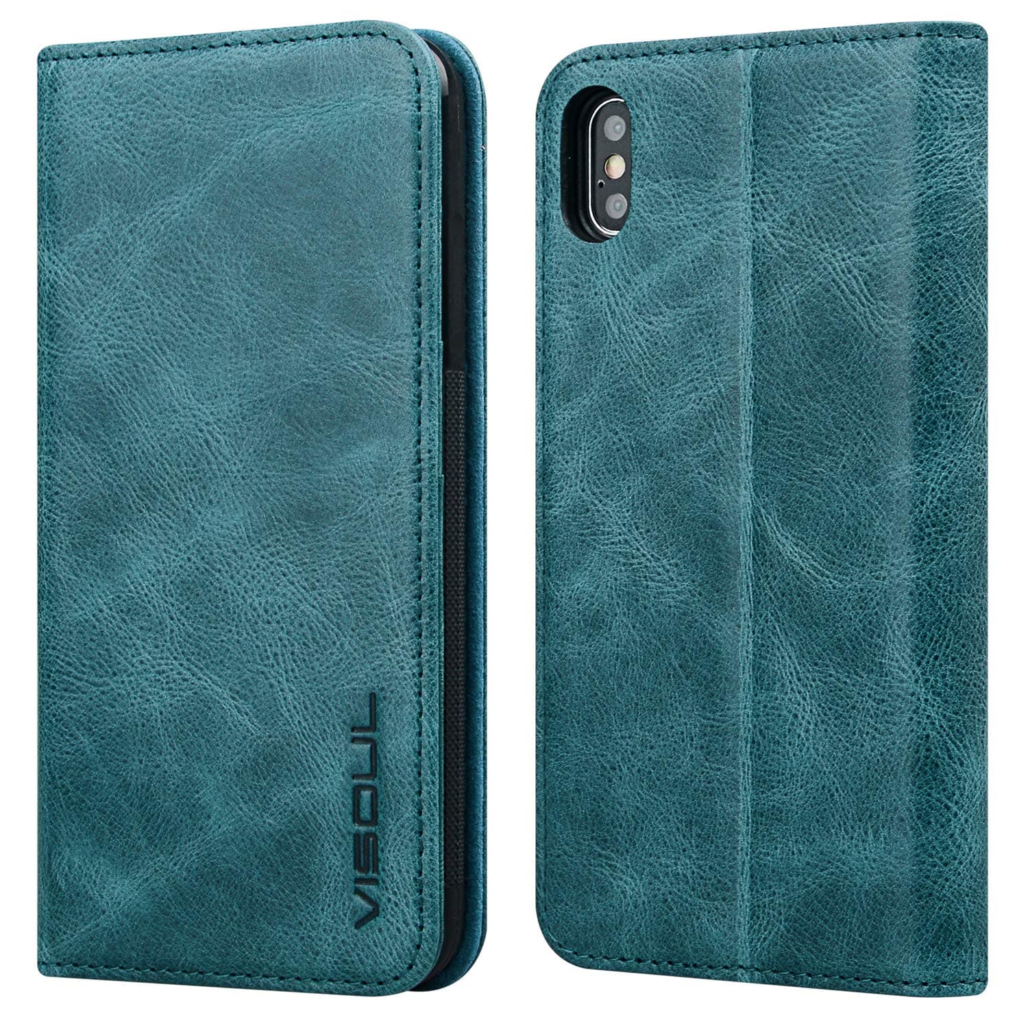 VISOUL iPhone Xs Max Cover, [Folio Style] Wallet Case for iPhone Xs MAX [Stand Feature] Real Leather Flip Cases with Credit Card Slots+Side Cash Pocket+Magnetic Clasp Closure (6.5-inch) (Dark Blue)